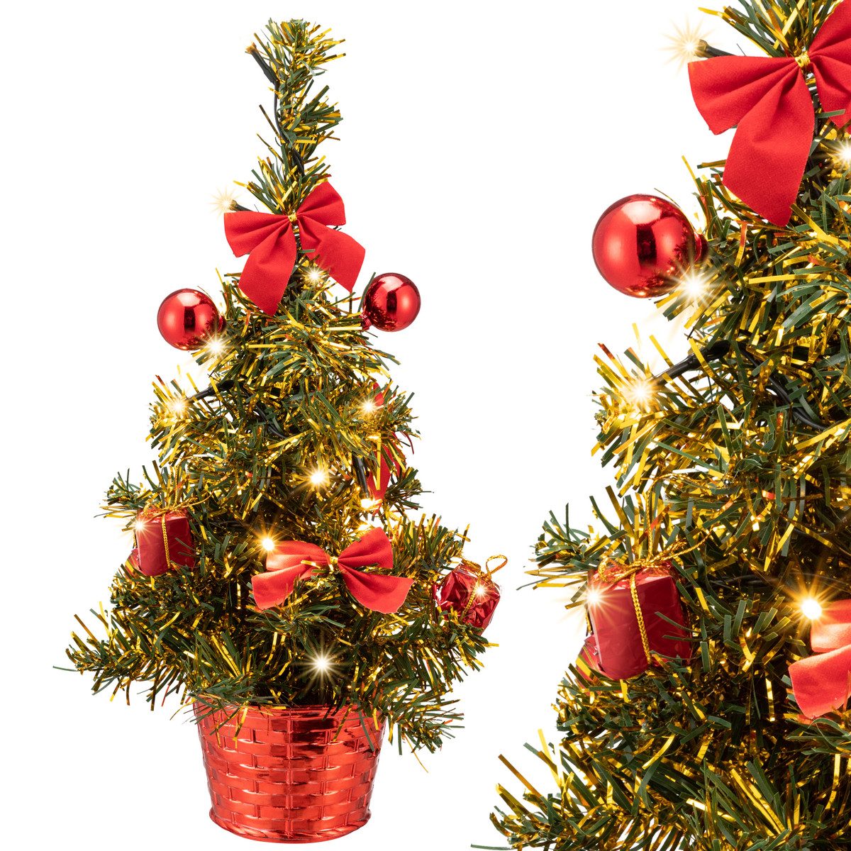 Casaria Künstlicher Weihnachtsbaum, 36 cm mit LED Lichterkette Geschmückt Rot mit Topf Mini Tannenbaum PVC
