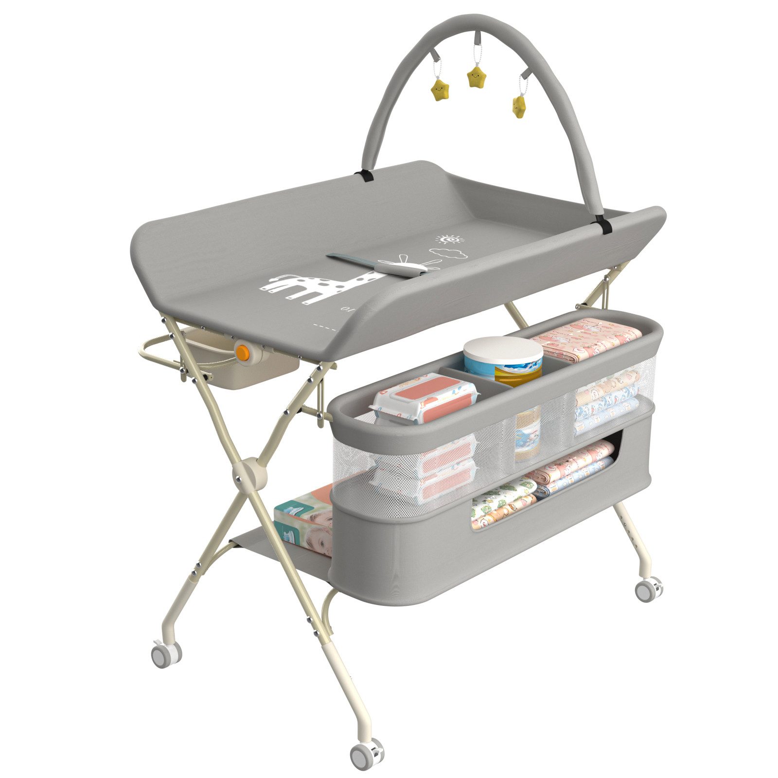 JEOBEST Wickeltisch Mobiler Baby Wickelkombi, 3 in 1 Wickeltisch Klappbar, (1-tlg) mit Sicherheitsgurt Aufbewahrungskorb und Kleiderstange