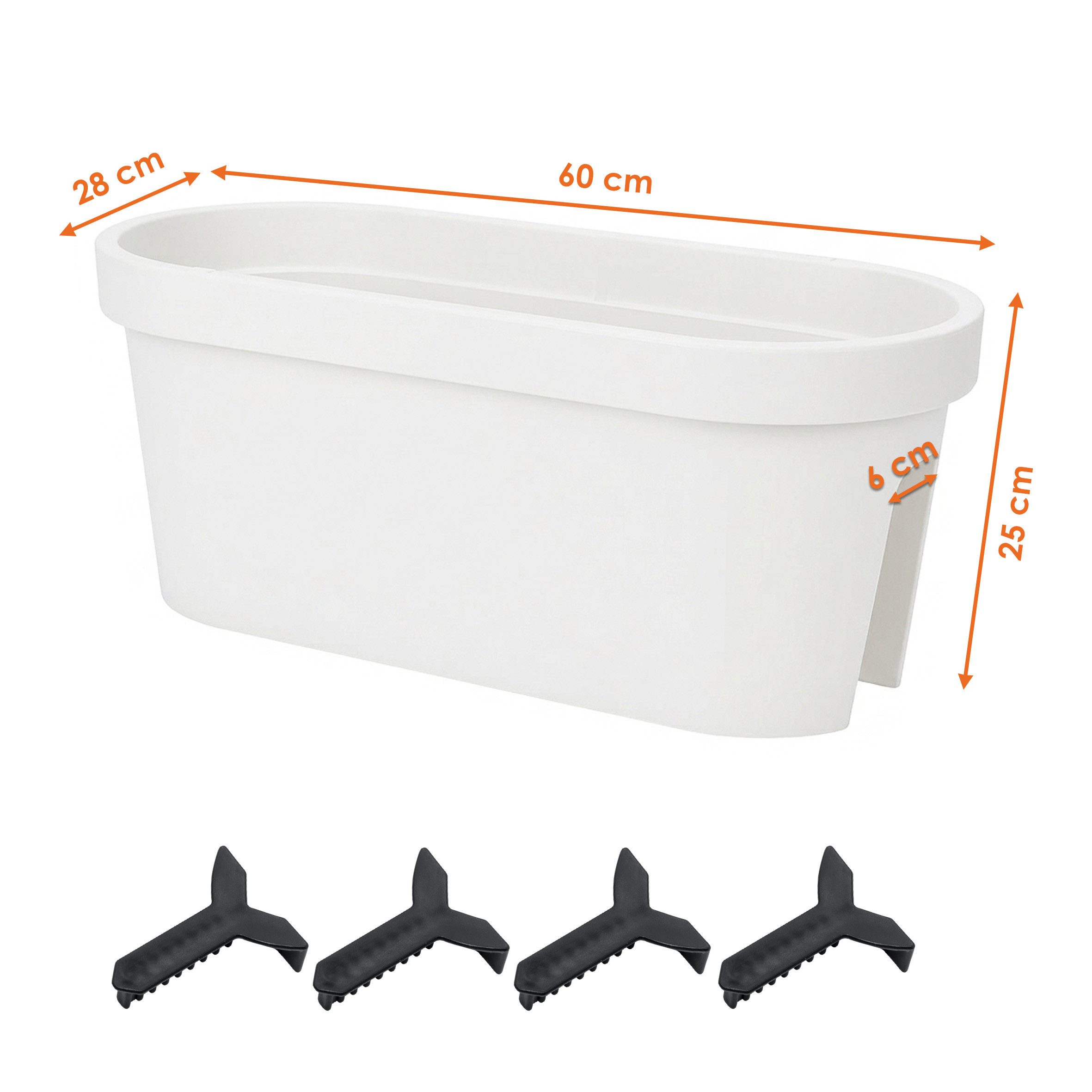 Spetebo Balkonkasten Balkon Blumentopf oval 60 x 28 cm - weiß (Packung, 1 St., bestehend aus 1x Pflanzkasten mit 4 Einhänge-Clips), Kunststoff Pflanzkasten zum Einhängen am Geländer