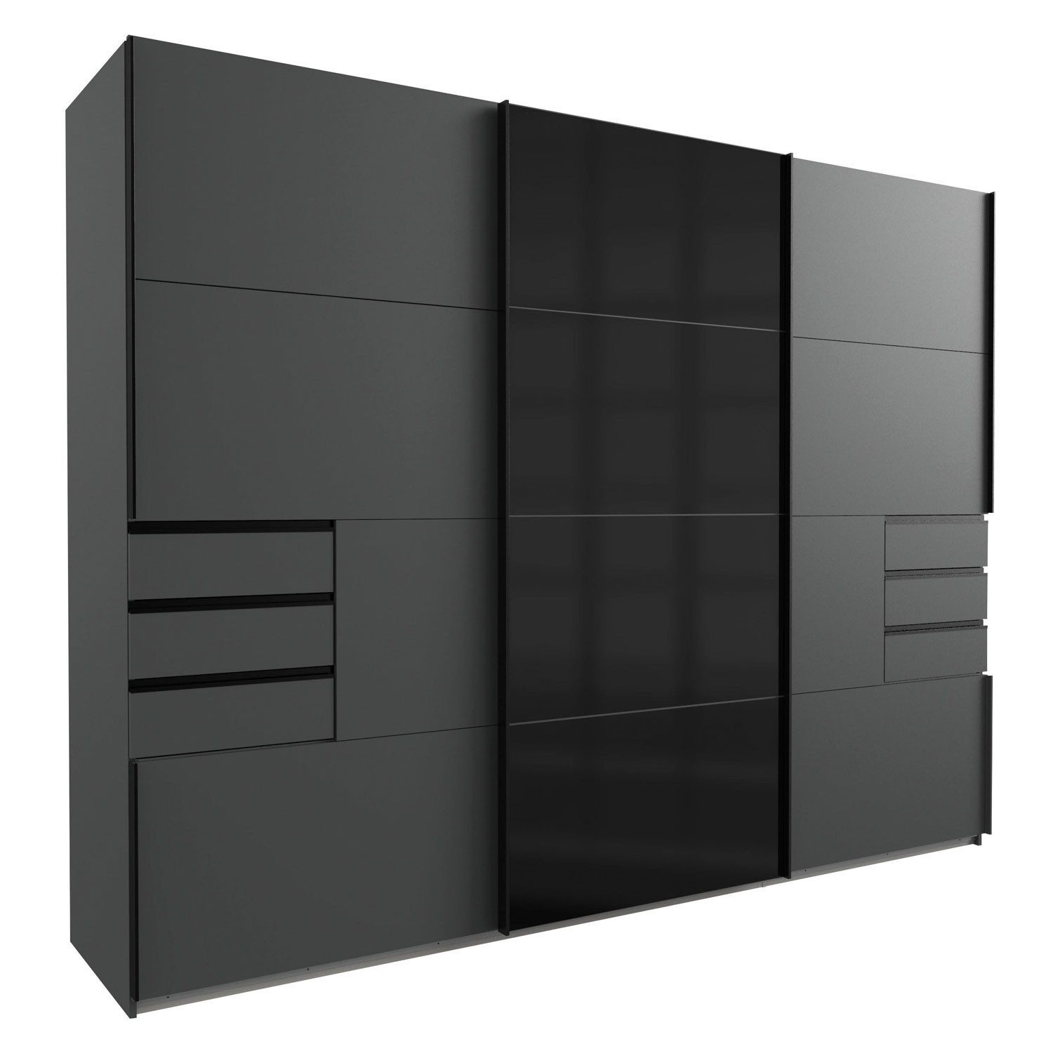 Wimex Schwebetürenschrank Saigon (3 Türen, 6 Schubladen, 6 Einlegeböden, 2 Kleiderstangen, 1-St., moderne Optik, Metallgriffleisten, Schubladen auf Metallschienen) 270x64x208cm graphit Schwarzglas