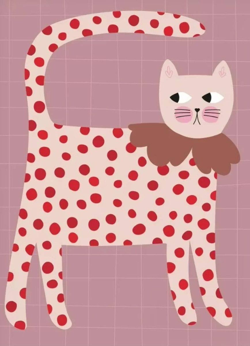 TPFLiving Kunstdruck (OHNE RAHMEN) Poster - Leinwand - Wandbild, Niedliche Katze Fuchs Hund Pferd Kaninchen rote Tupfen Leinwand (Leinwandbild XXL), Farben: Rosa, Lila, Orange, Weiß, Rot, Blau - Größe: 20x30cm