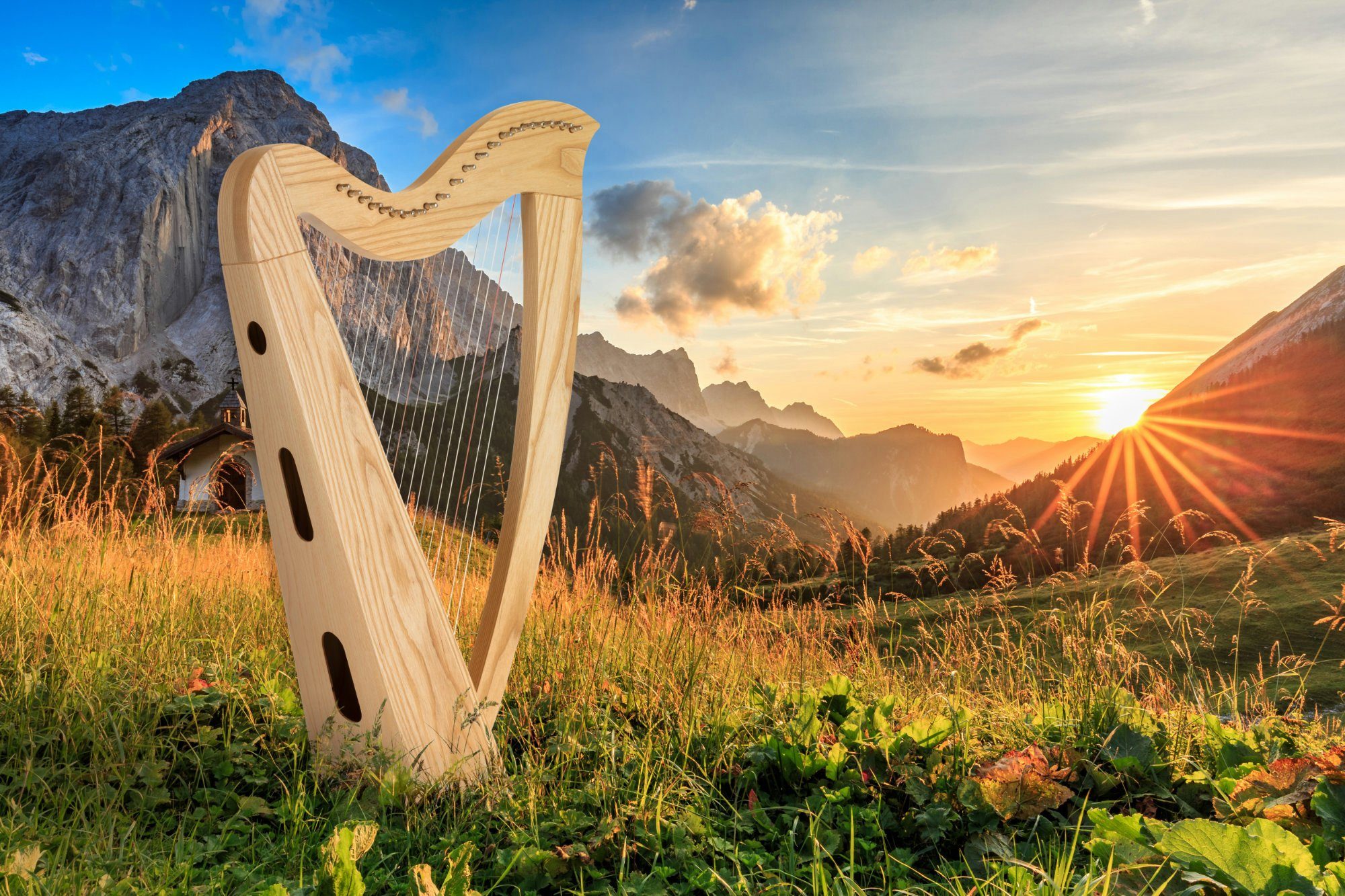 Classic Cantabile Konzertgitarre Keltische Harfe 22 Saiten, Inkl. Tasche und 2 Stimmschlüssel, Celtic Harp aus Eschenholz - Es-Dur gestimmt - Mit Halbtonmechanik