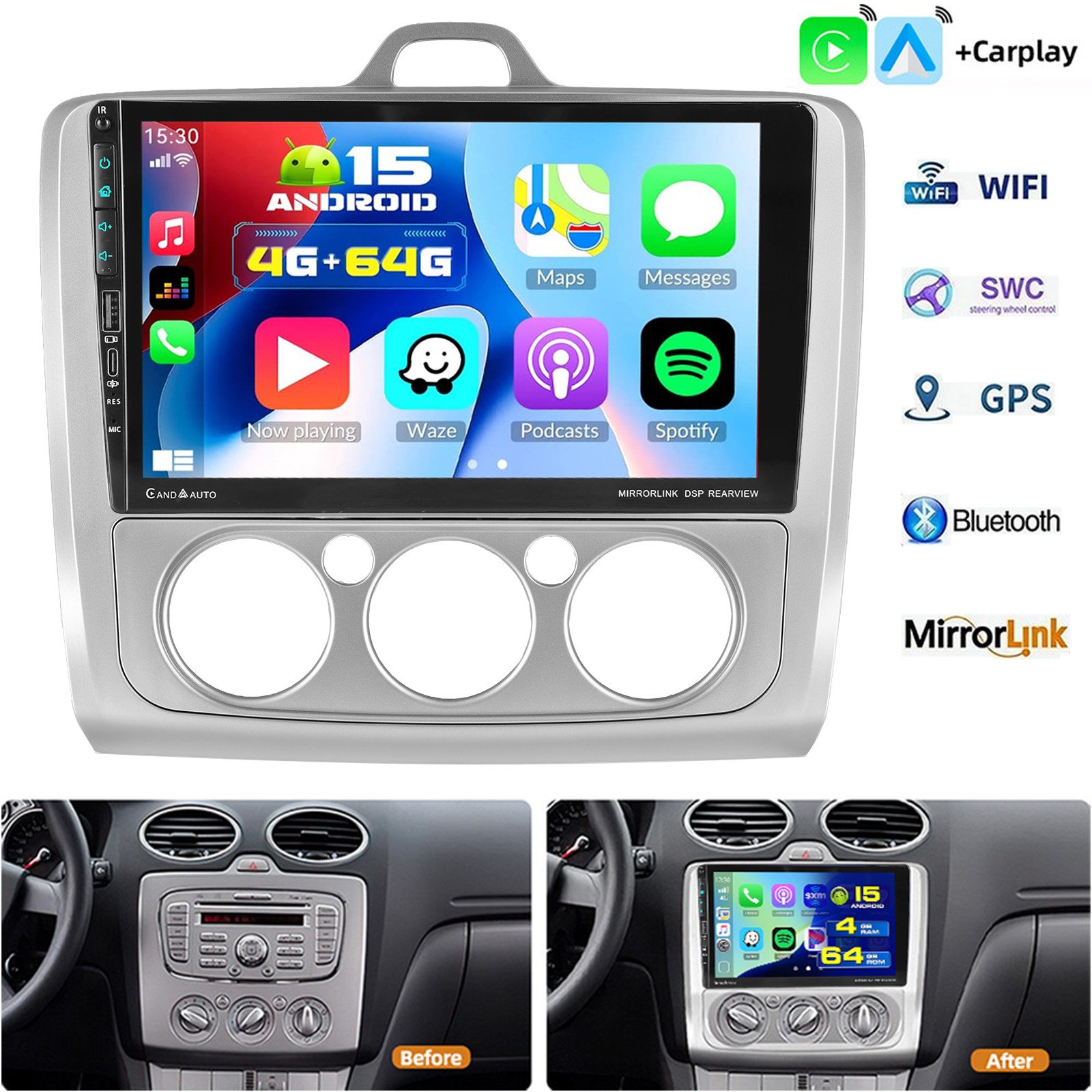 ESSGOO DAB+ 64G Android 15 Für Ford Focus MK2 MK II 2004-2011 Carplay RDS SWC Autoradio (RDS, 4+64GB(optional), Digitalradio (DAB), FM, USB- und Type-C, AM, SWC, Carplay Android Auto Bluetooth EQ USB GPS Navi WIFI IPS Touchscreen)