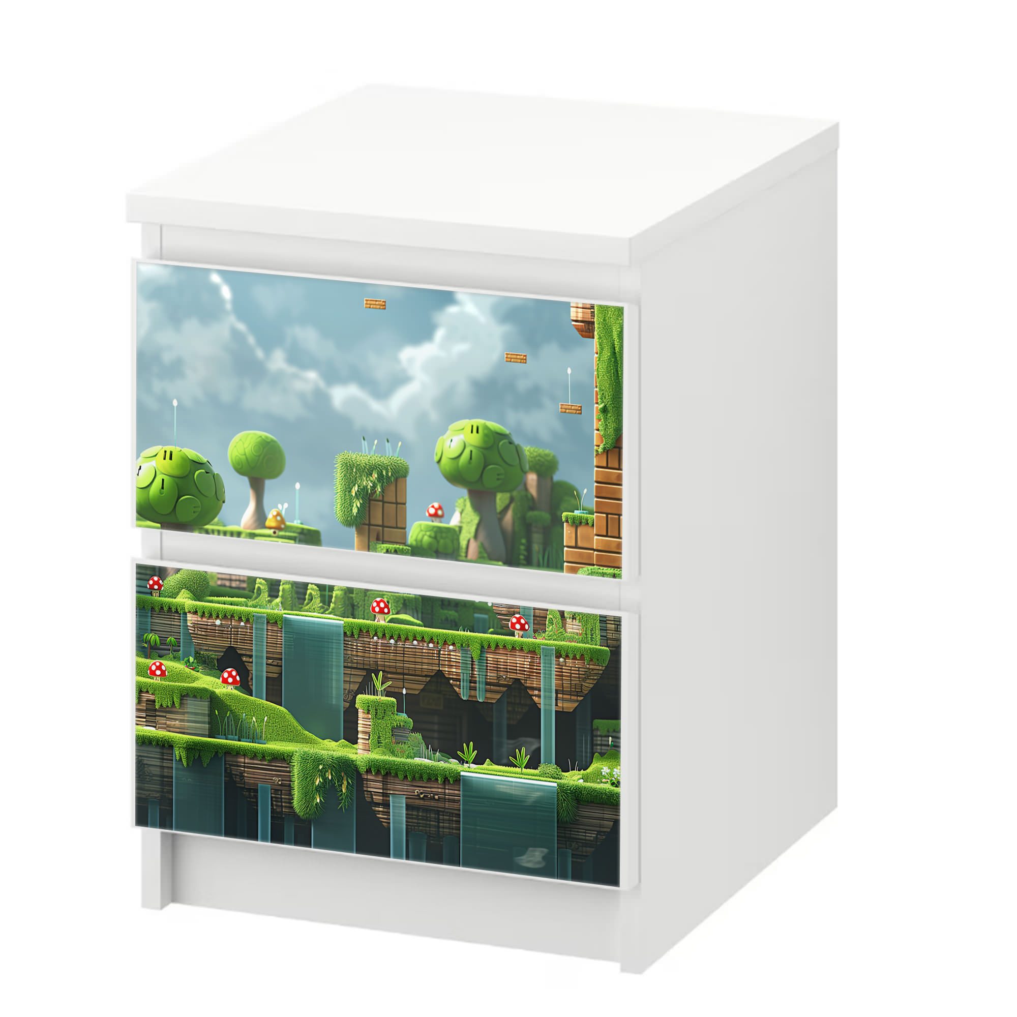 Sunnywall Möbelfolie passend für IKEA Malm Kommode Schrankfolie Aufkleber Game Flusswald, blasenfreie selbstklebende Folie (SCHRANK NICHT INKLUSIVE)