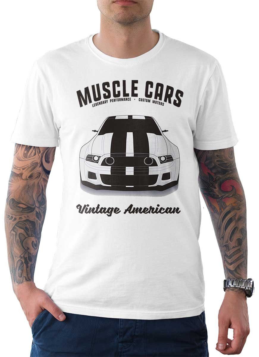 Rebel On Wheels T-Shirt Herren T-Shirt Tee Muscle Car Front mit Auto / US-Car Motiv Weiß