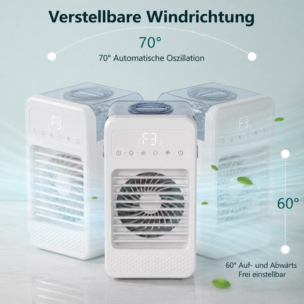 MOPUEA Ventilatorkombigerät Tragbare Mobiles Klimagerät 4-in-1, Mini Luftkühler mit Wasserkühlung, 600ml Wassertank, 4 Windgeschwindigkeiten, Timer, Farben Licht