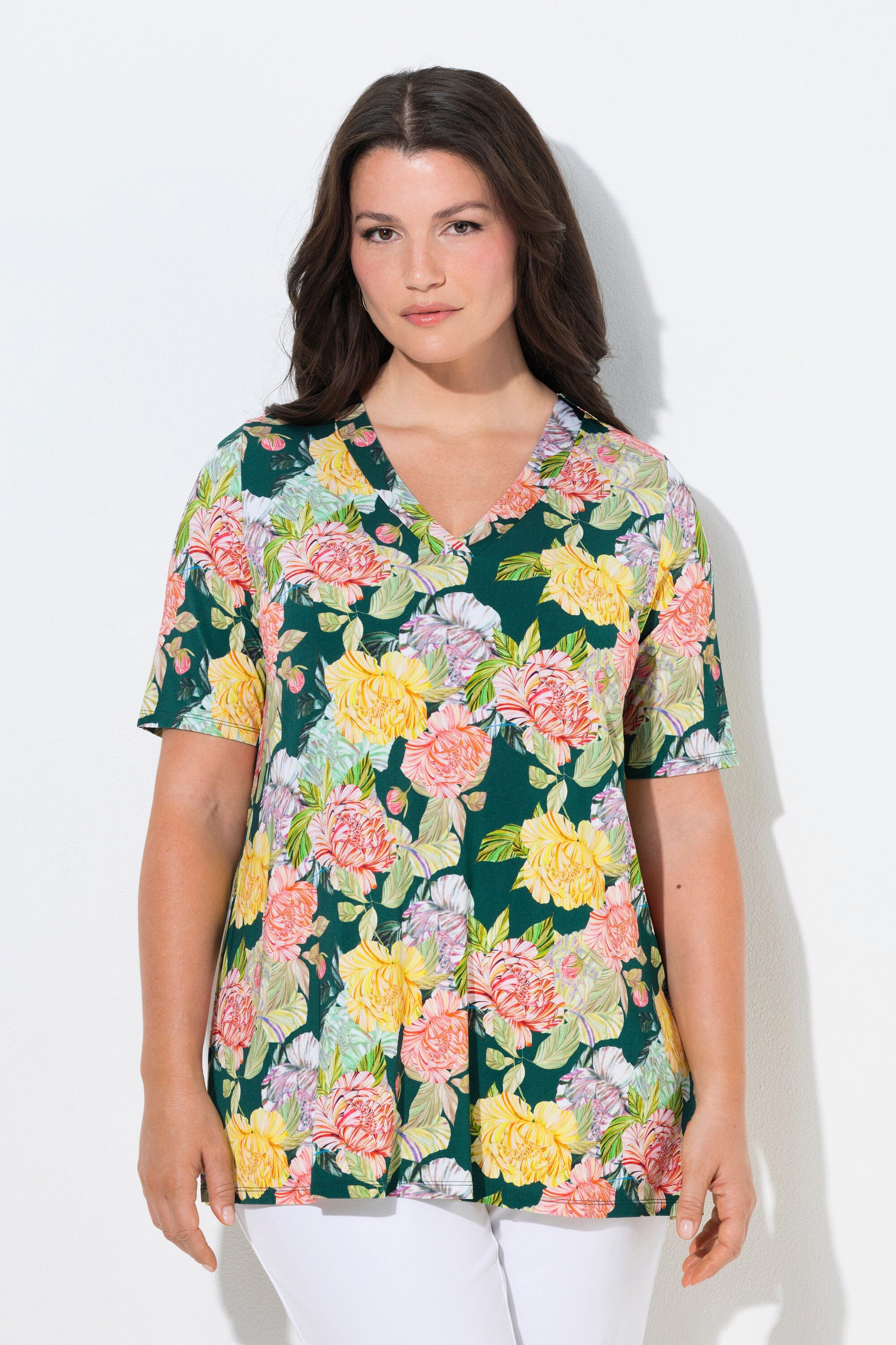 T-Shirt Slinky-Shirt Blüten A-Linie V-Ausschnitt Halbarm