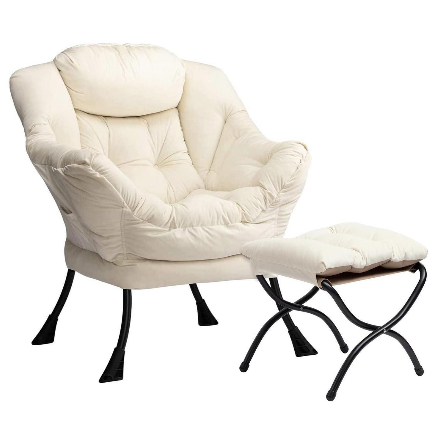 LuxusKollektion Ohrensessel Sessel Ohrensessel Hocker Samt Lesesessel Beige mit Fußhocker (1-St)
