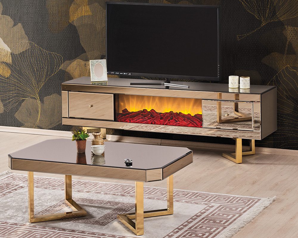Xlmoebel TV-Schrank Luxuriöses Sideboard mit Kamin-Effekt und Stauraum für Mediengeräte (TV-Ständer) Hergestellt in Europa
