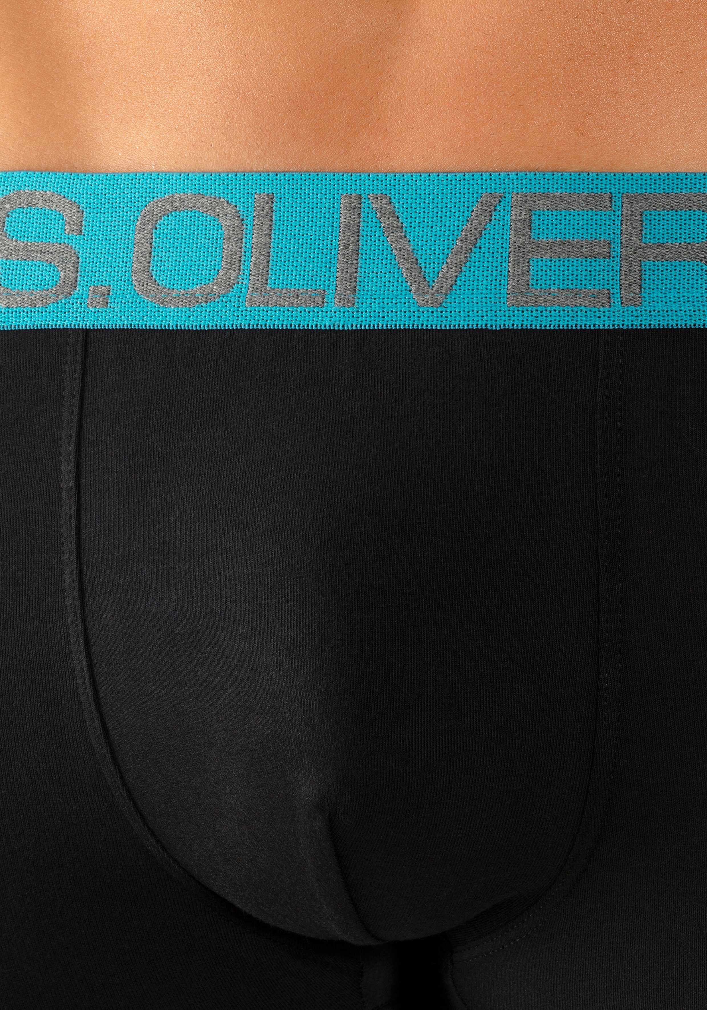 s.Oliver Boxershorts (Packung, 4-St) in kontrastfarbenem Webbund Hipster-Form schwarz-hellblau, schwarz-royalblau mit schwarz-marine, schwarz-türkis