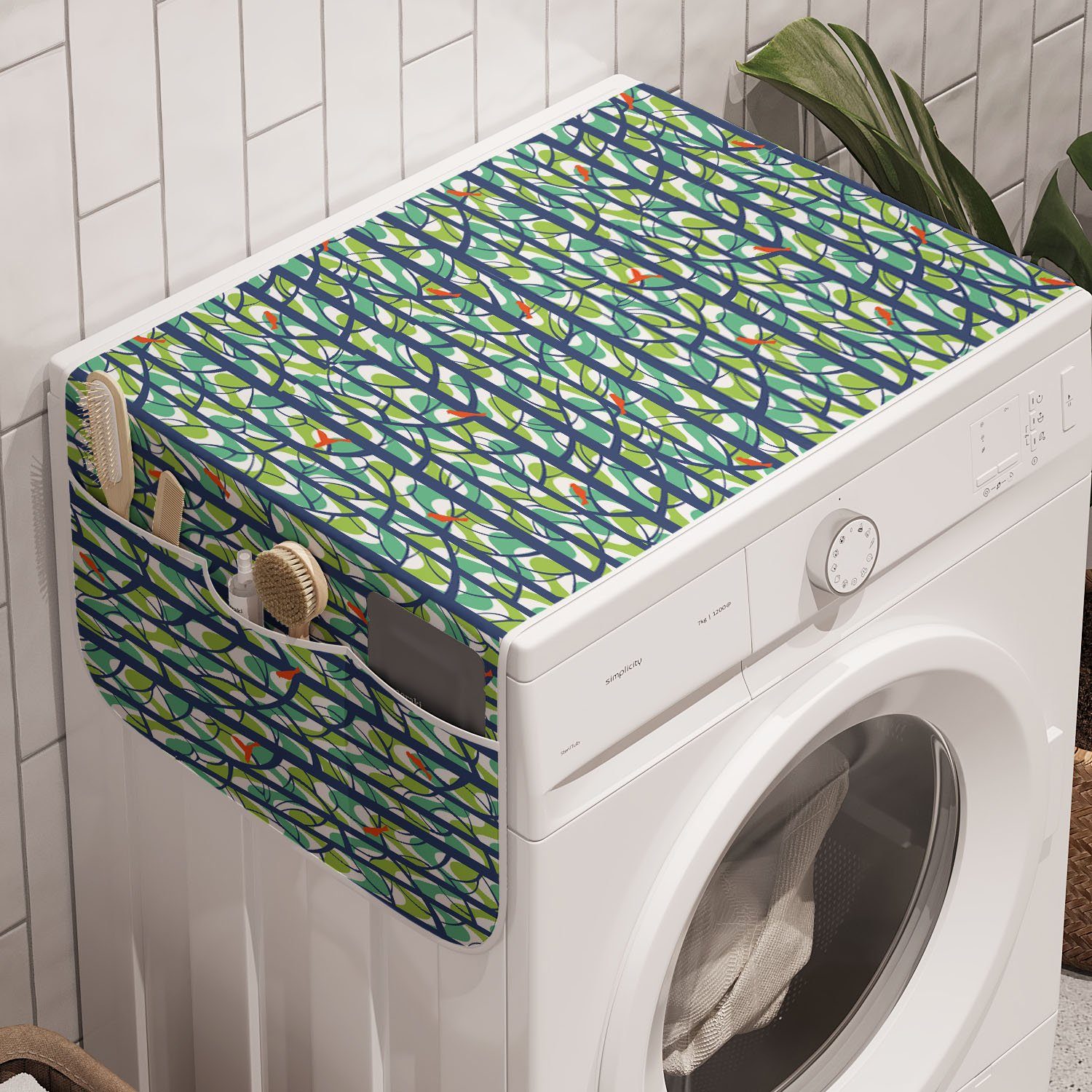 Abakuhaus Badorganizer Anti-Rutsch-Stoffabdeckung für Waschmaschine und Trockner, Wald Bäume Wald und Vögel Blätter