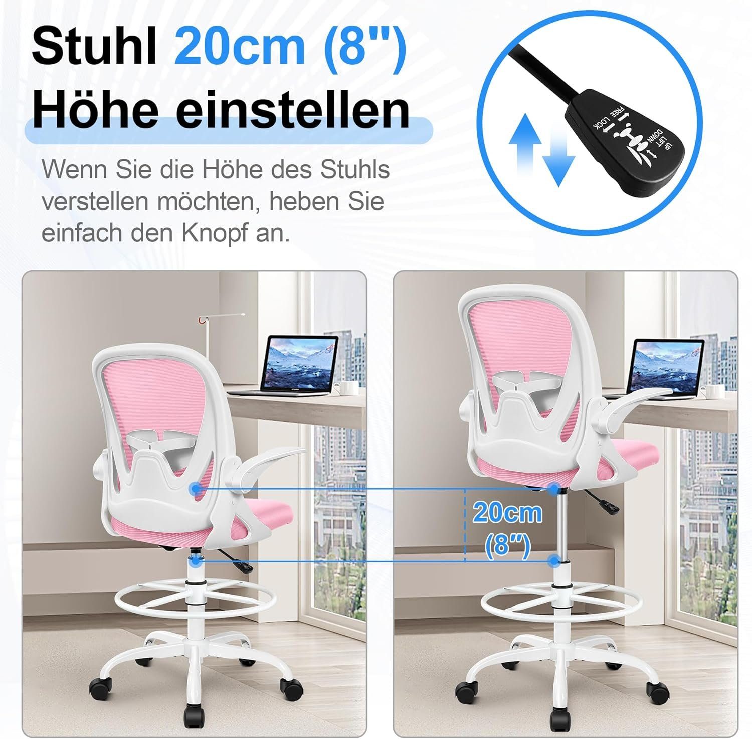 Lendenwirbelstütze,Höhe,drehbarer (Stuhl Armen), Primy mit Bürostuhl verstellbarer hochklappbaren Fußstütze mit Schreibtischstuhl und
