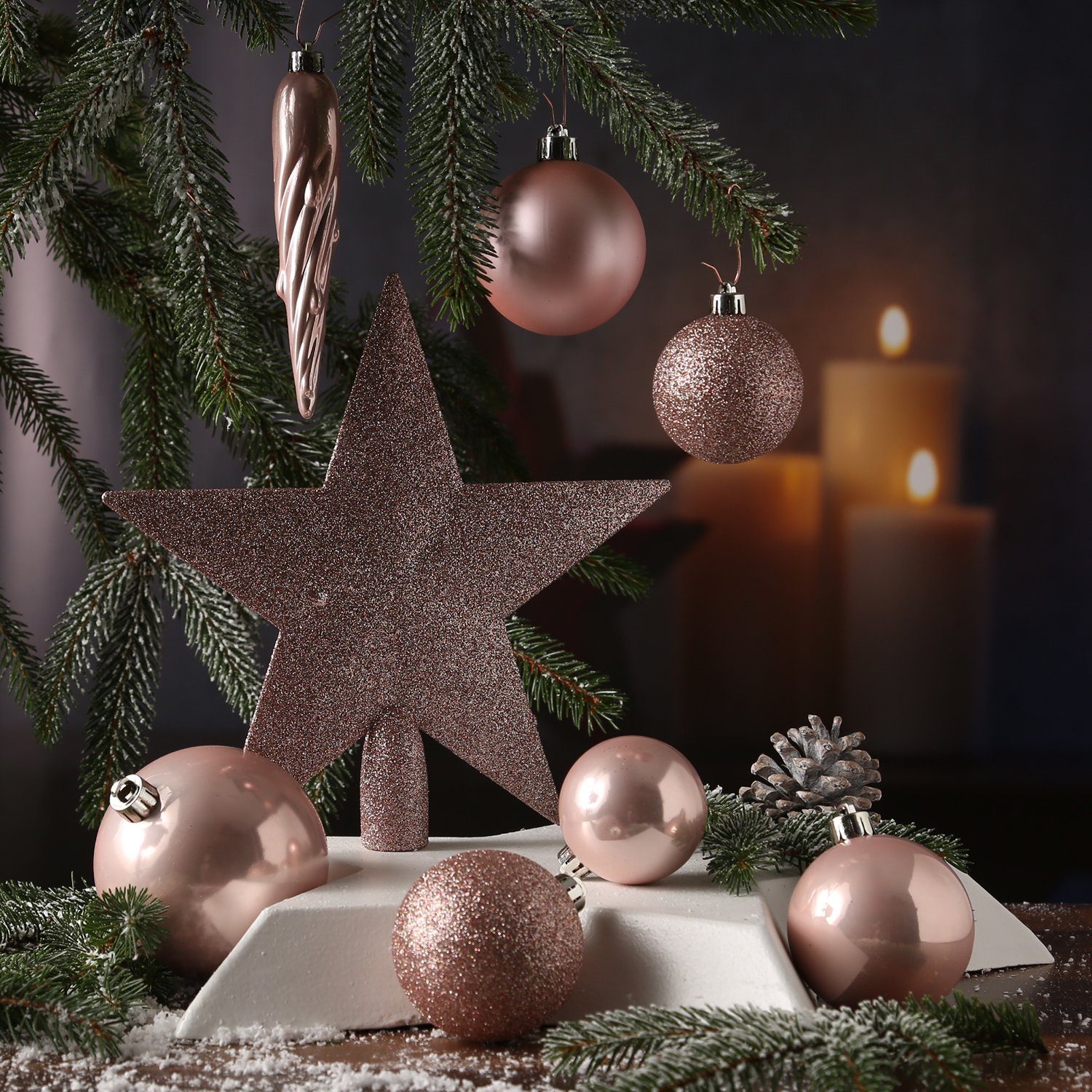 MARELIDA Weihnachtsbaumkugel Christbaumkugeln Weihnachtskugeln mit Stern Baumspitze rosa 33 Stück (33 St)