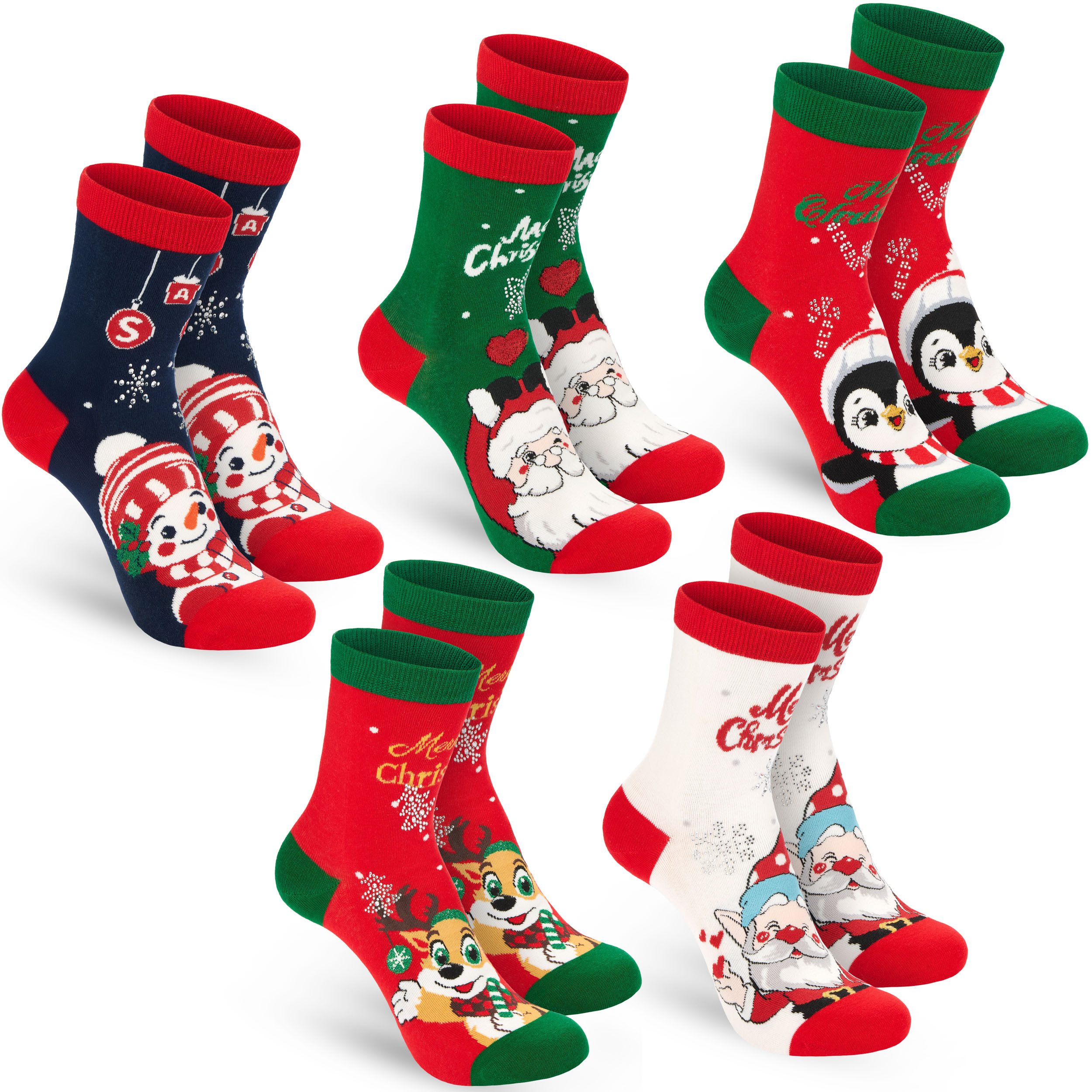 BRUBAKER Socken Damen Weihnachtssocken - Pinguin, Rentier, Santa & Schneemann (Bunte Baumwollsocken für Frauen - Geschenkset, 5-Paar, Kuschelsocken mit humorvol – Bild 4 von 5