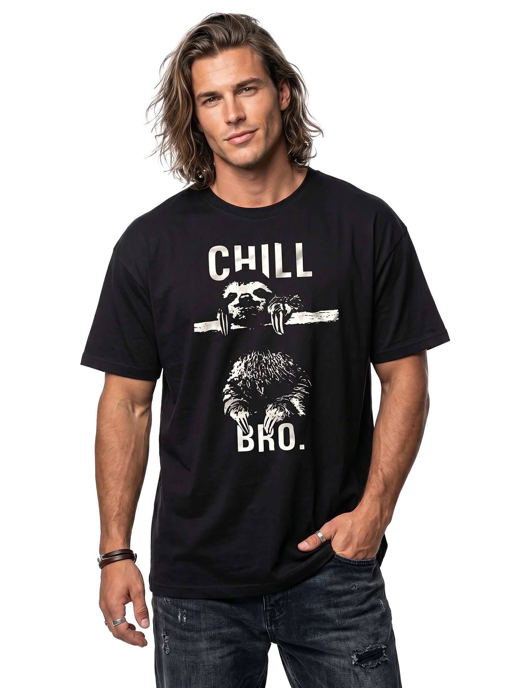 MAKAYA Print-Shirt Coole Lustige T-Shirt Sprüche Herren Jungen - Chill Bro Faultier Druck mit Druck