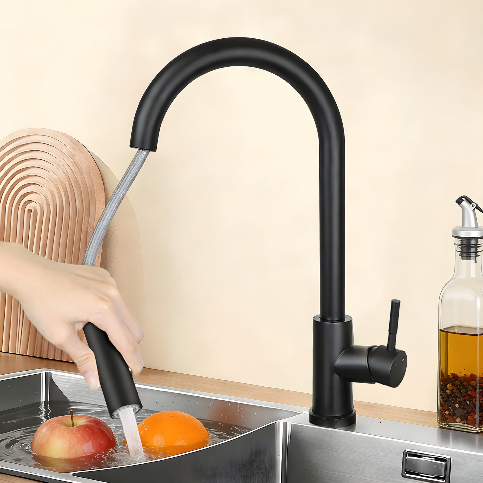 Nettlife Küchenarmatur Ausziehbar Schwarz Wasserhahn Küche Spültischarmatur mit Brause Edelstahl Mischbatterie Spüle 360° Drehbar mit 2 Strahlarten