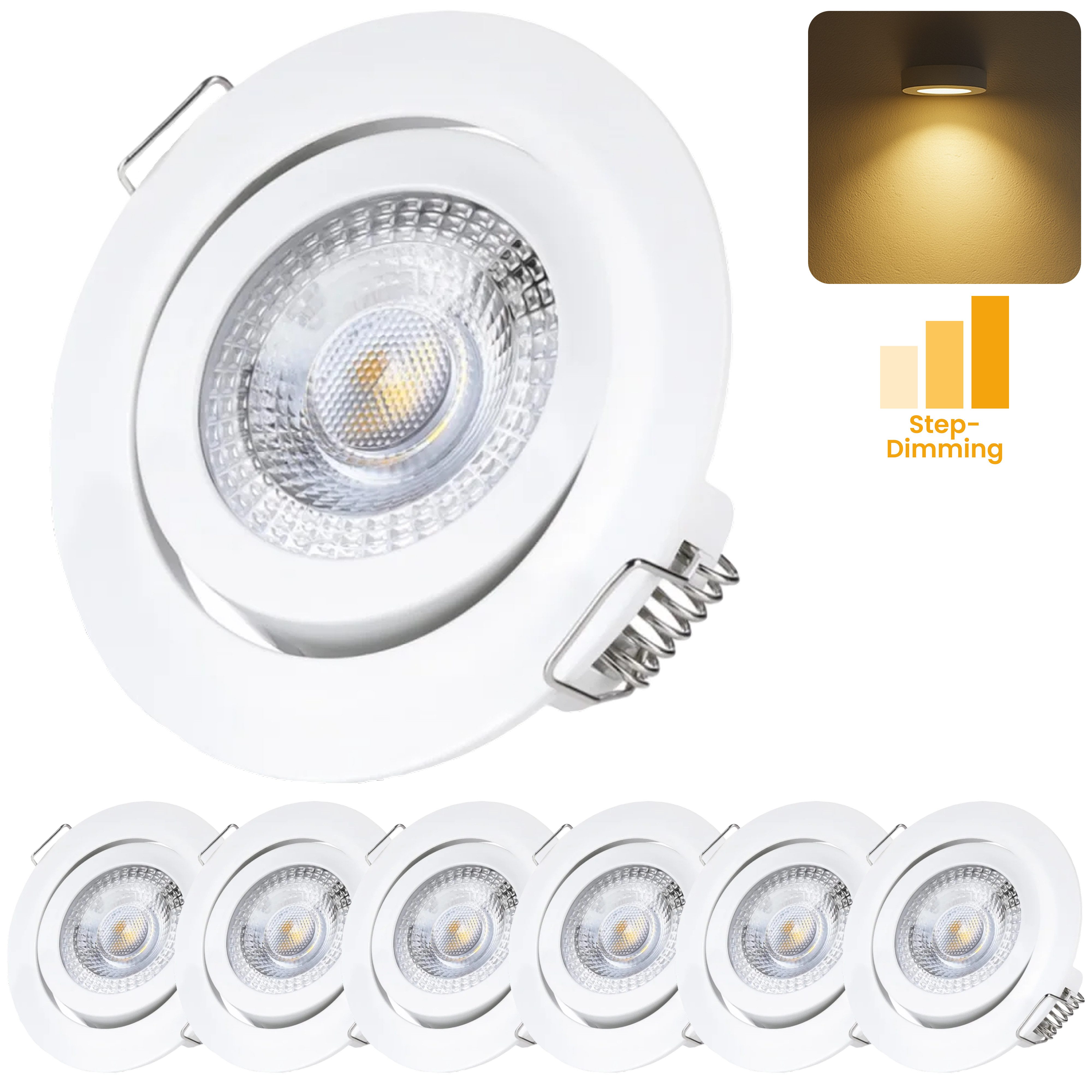Sweet LED LED Einbaustrahler 6er Set 5W 3-Step Dimmbar 230V Weiß Flach Schwenkbar 3000K Spots, 3000K - warmweiß, Deckenspots, Ø 82 mm, Einbauleuchten