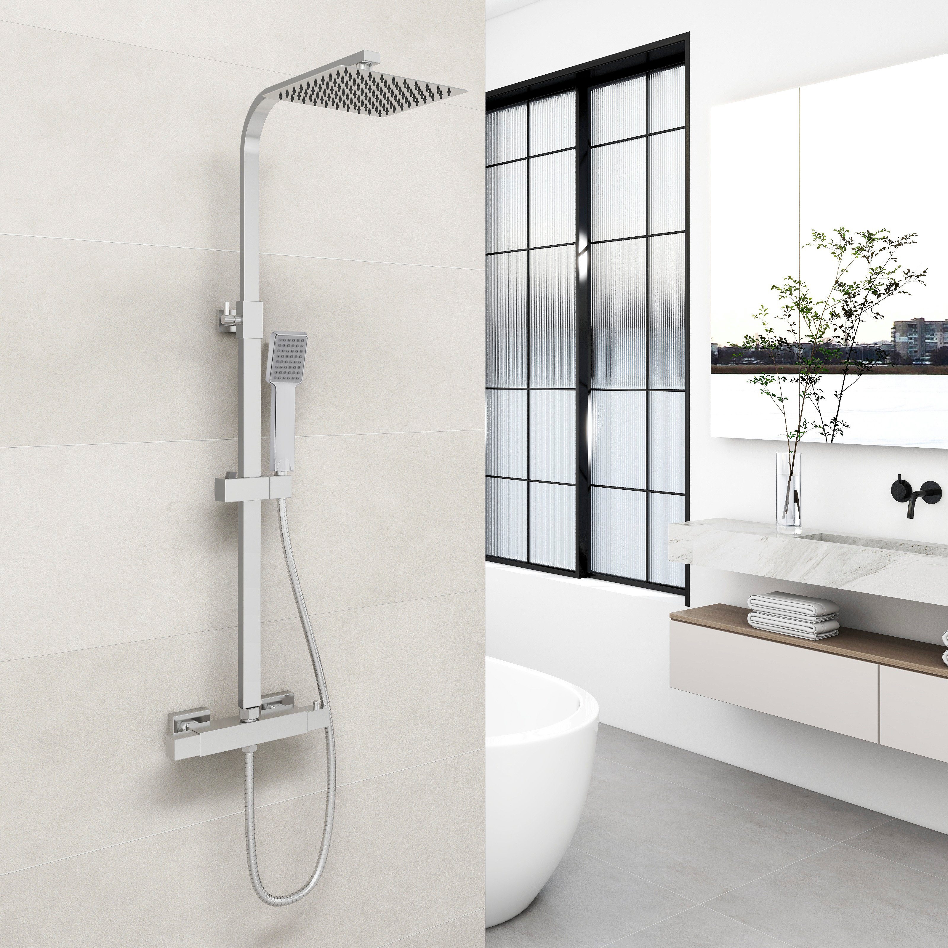 duschspa Duschsystem mit Thermostat und Handbrause Regendusche, Höhe 80-120 cm, Silber, Komplett-Set