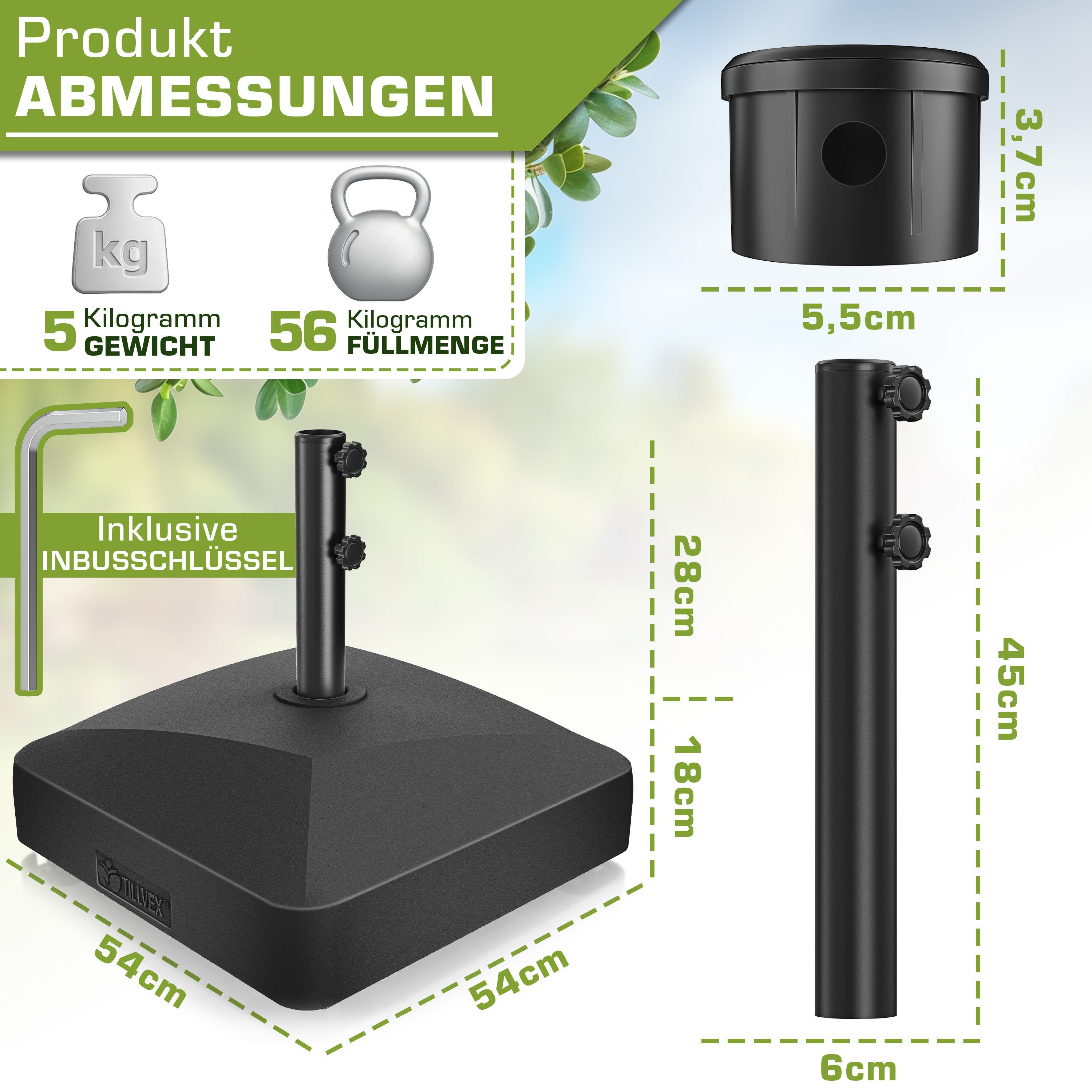 tillvex Sonnenschirm tillvex® Sonnenschirmständer GRAVIA mit Rollen & Bremsen, Schirmständ, & Marktschirm Ø 1,8-3,7m, Ampelschirmständer wetterfest, Schirmständer befüllbar 37 Liter / 56 kg Schirmgewicht Sonnenschirm, Sonnenschirmständer GRAVIA mit Rollen & Bremsen