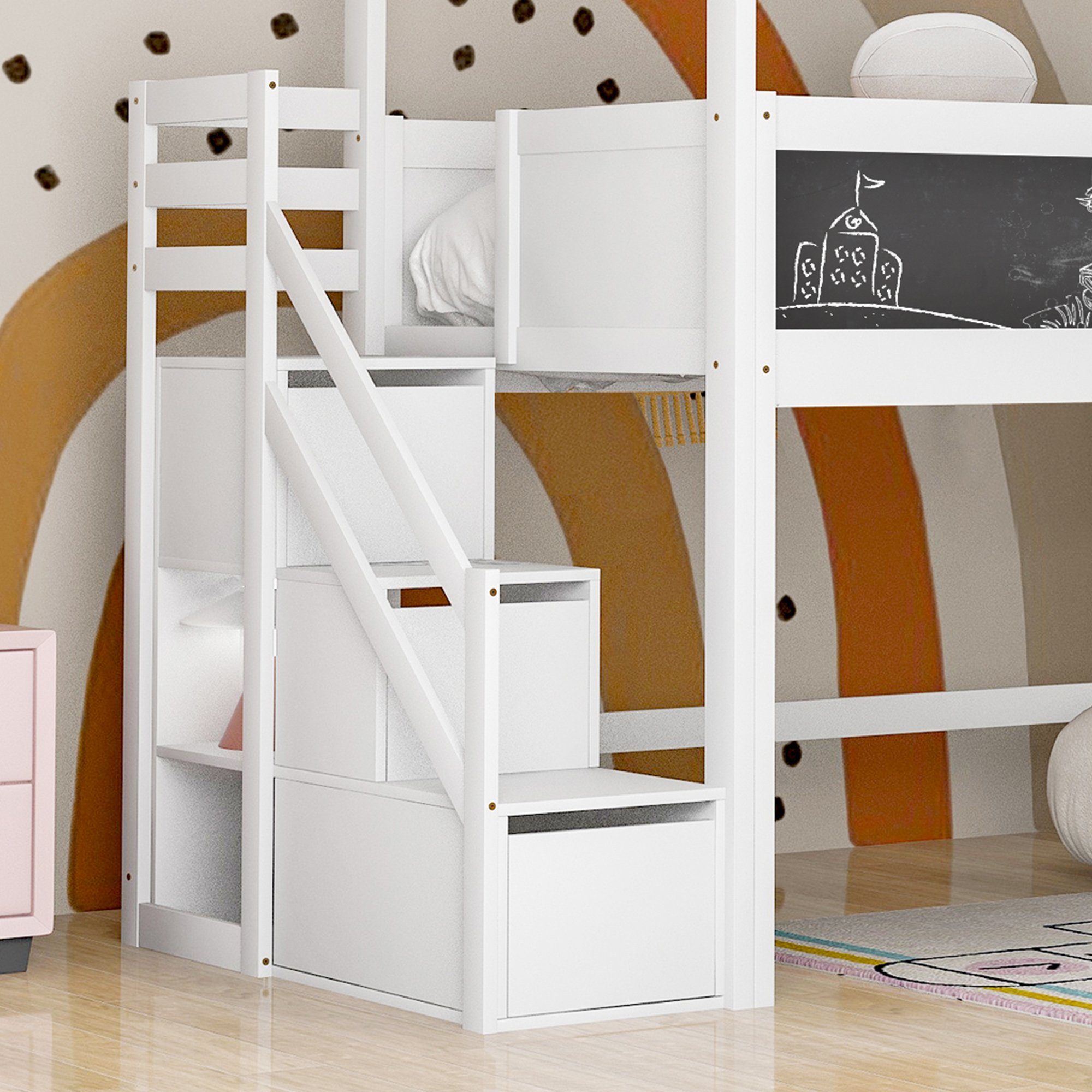 SOFTWEARY Hochbett »Kinderbett mit Lattenrost und Schubladen, 90x200 cm,  Hausbett aus Kieferholz, Einzelbett inkl. Treppe« online kaufen | OTTO