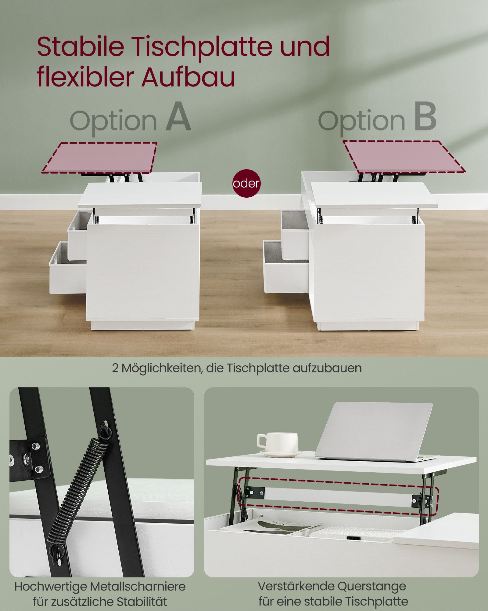 VASAGLE Couchtisch höhenverstellbarer Wohnzimmertisch, für Wohnzimmer, Homeoffice (inkl. Zubehörpaket & Anleitung), 2 Schubladen und versteckte Fächer, Kaffeeti – Bild 5 von 5