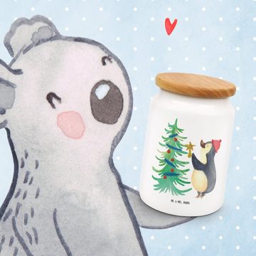 Mr. & Mrs. Panda Vorratsdose Pinguin Weihnachtsbaum - Weiß - Geschenk, Dose, Winter, Weihnachten, Keramik, (1-tlg), Massiv-Holzdeckel