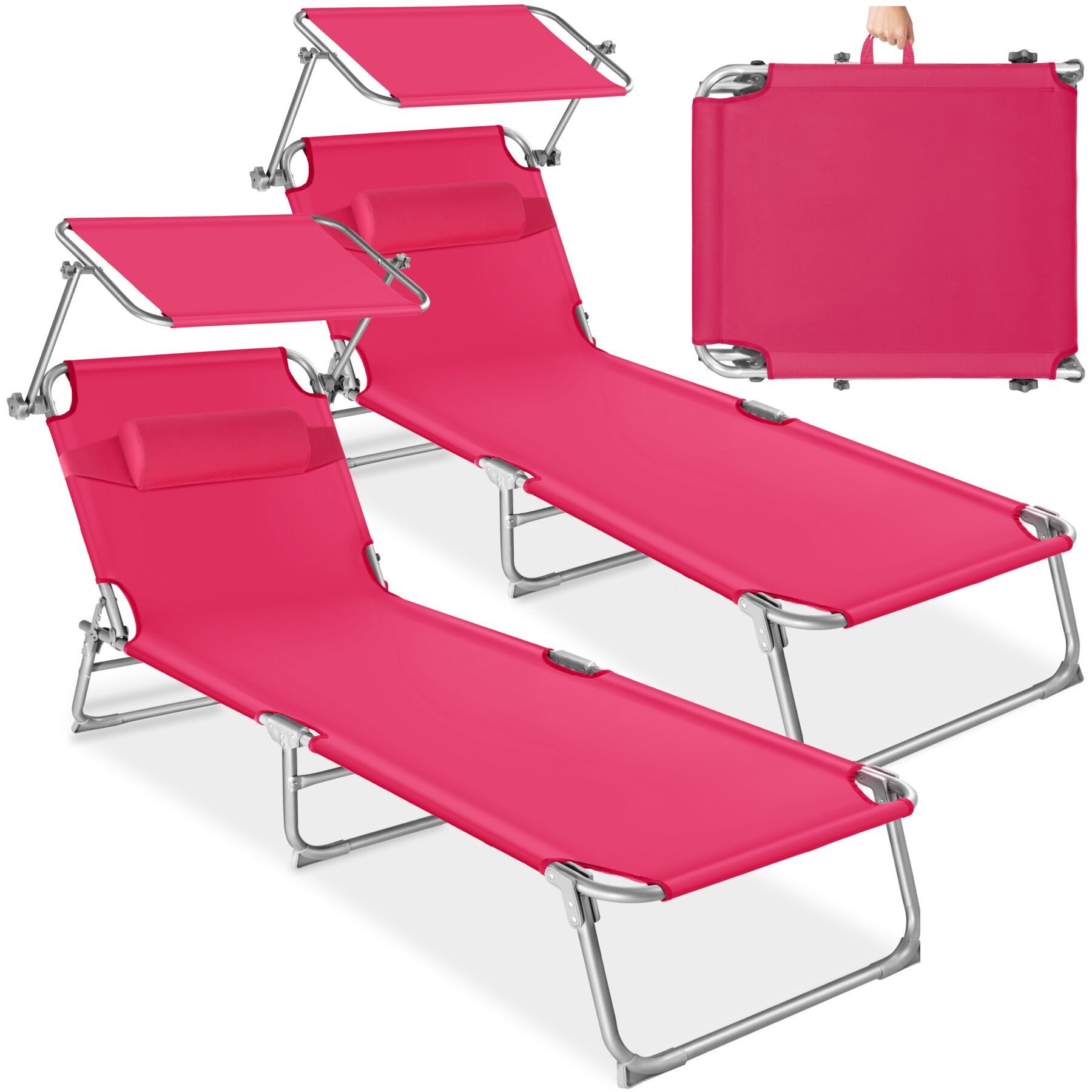 tectake Gartenliege Sonnenliege, verstellbare Rückenlehne mit Kopfpolster, 190 x 68 x, Balkonliege Chloé mit Seitentasche, 2 St., für Außen in Rosa, klappbar, verstellbares Sonnendach, widerstandsfähig und UV-beständig