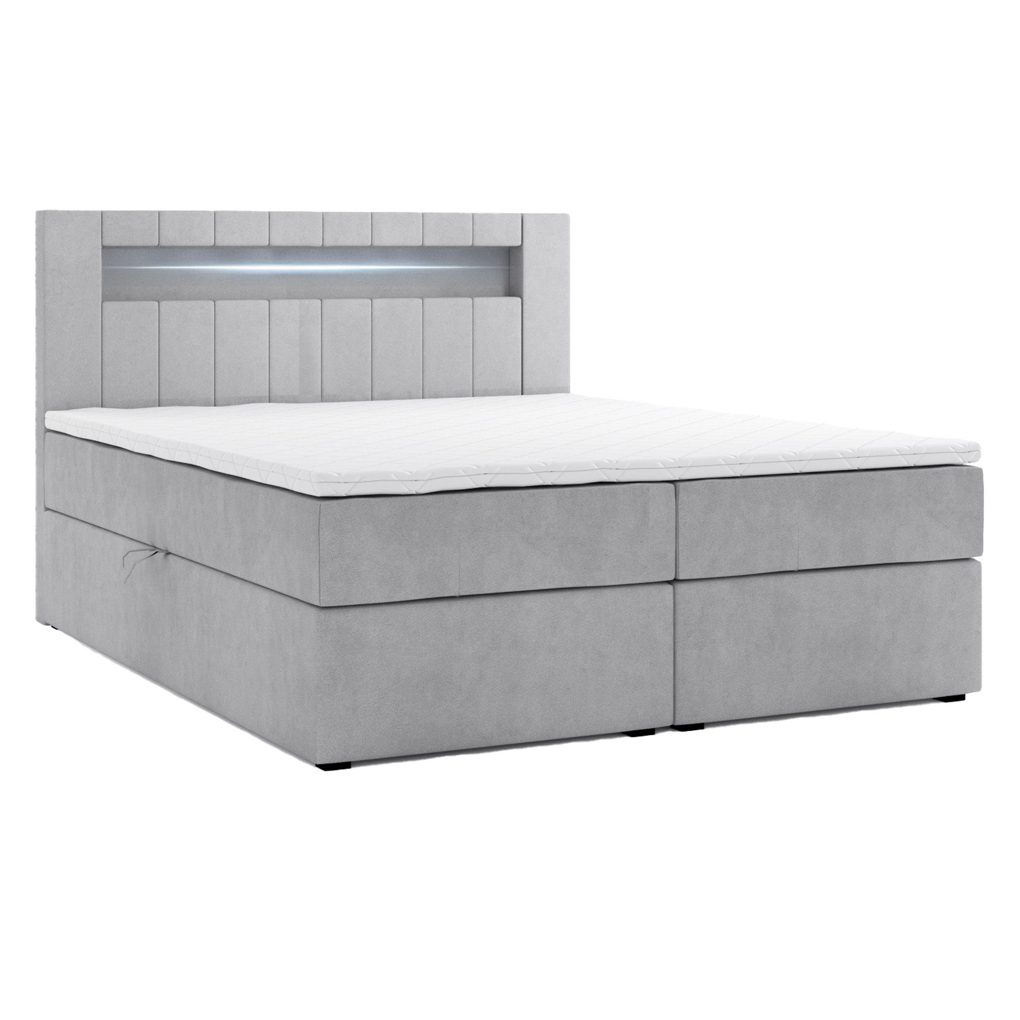 M-Punkt24 Boxspringbett Kuba (180 x 200 cm, Grau, LED Beleuchtung, VISCO Schaum Topper), inkl. Bettkasten und Topper