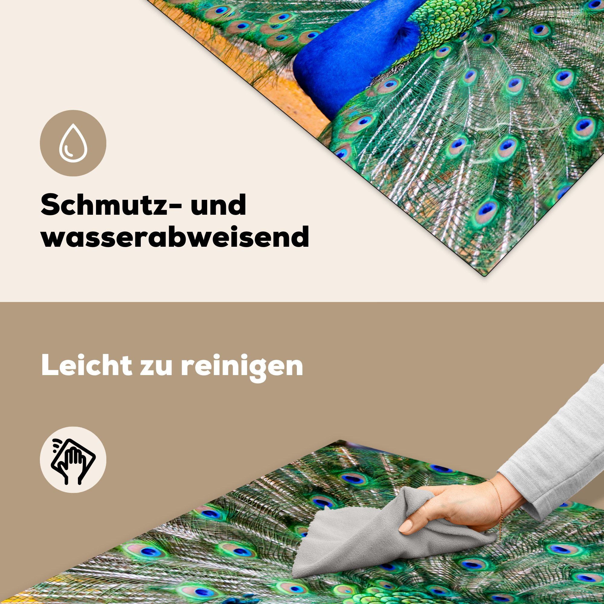 - küche Blau, MuchoWow Pfau Herdblende-/Abdeckplatte 78x78 Ceranfeldabdeckung, (1 für tlg), cm, Vinyl, Arbeitsplatte Federn -