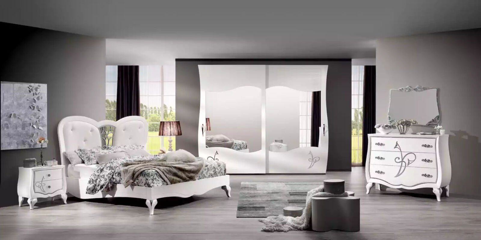 JVmoebel Schlafzimmer-Set Modern Schlafzimmer Set Bett 2x Nachttische Kleiderschrank, (5-St., Nur Bett + 2x Nachttische + Kleiderschrank + Kommode), Made in Italy