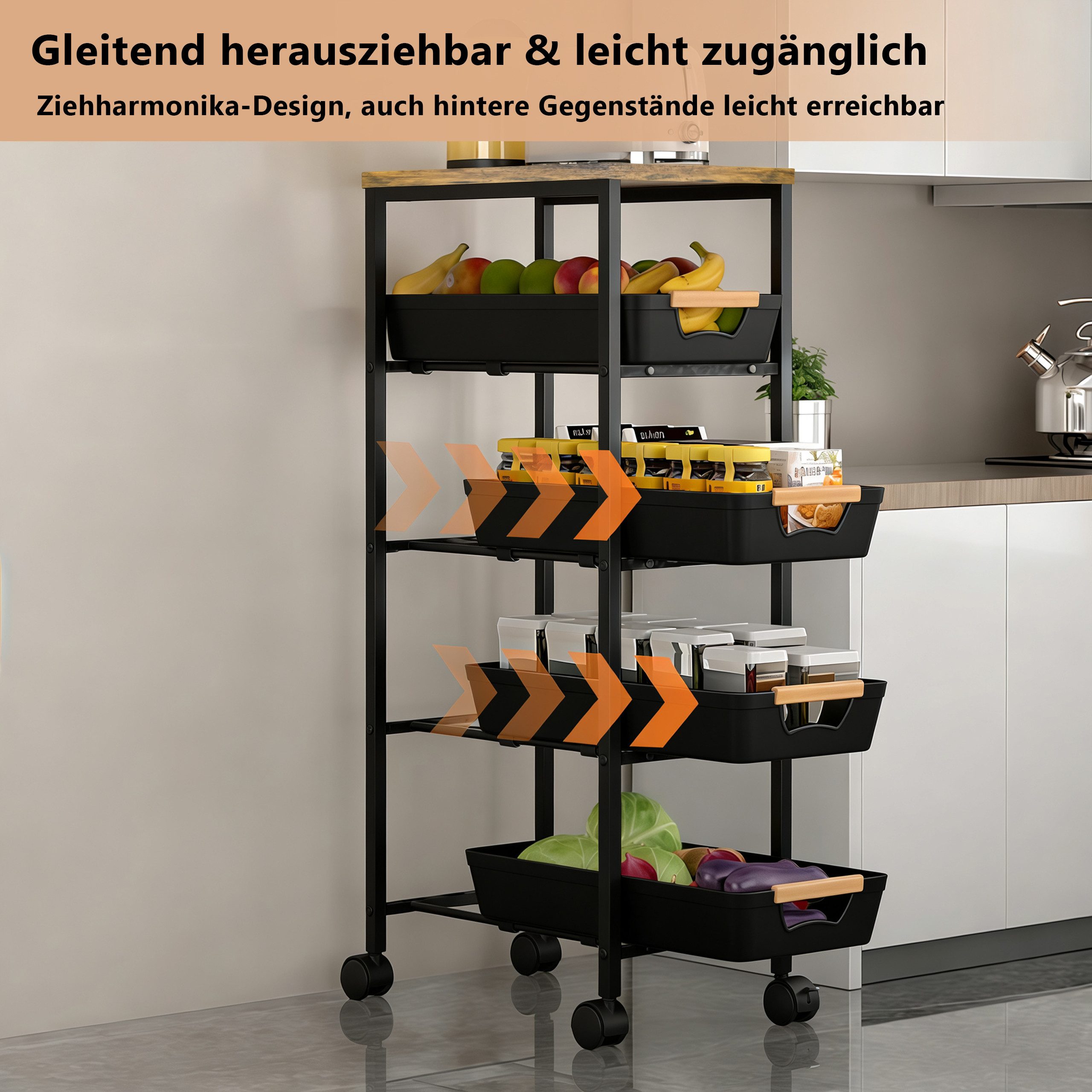 PFCTART Küchenwagen Schmaler Küchenwagen mit Schubladen & Körben, 38×32×81,5 cm, (Set, 1 St., Ideal für Küche, Bad, Waschküche & kleine Räume), Rollwagen mit Holzplatte & Drahtkörben – kompakt, mobil & stabil