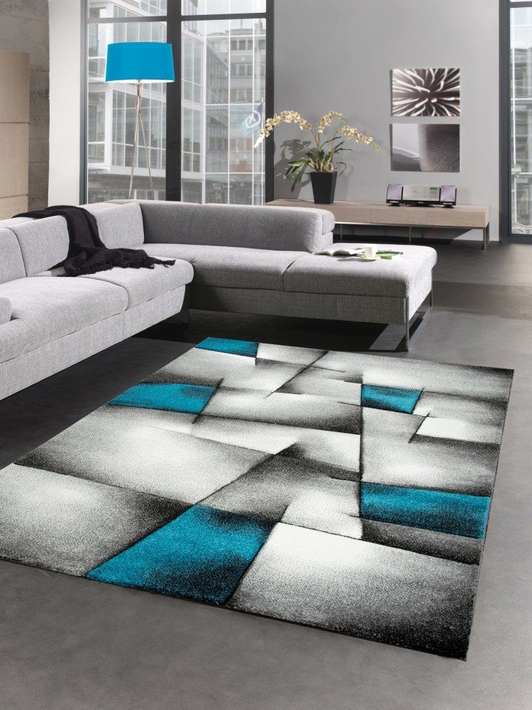 Teppich Moderner Teppich Kurzflor Wohnzimmerteppich karo abstrakt grau schwarz weiss türkis, Carpetia, rechteckig, Höhe: 13 mm