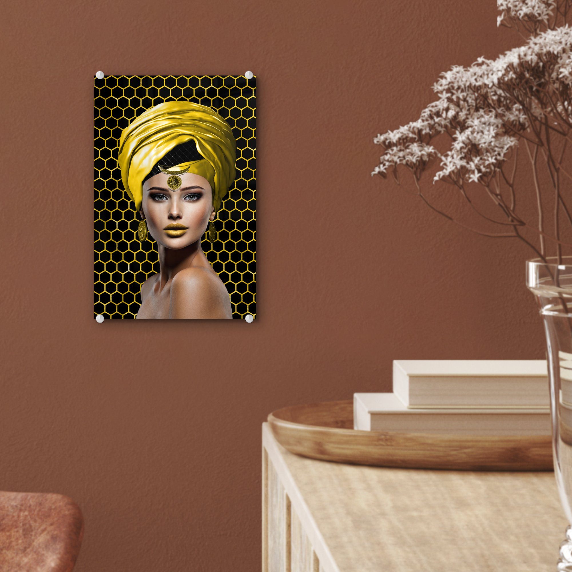 MuchoWow Acrylglasbild Frau - Elemente auf - Wandbild Glasbilder Bilder - Glas St), auf (1 - Foto Wanddekoration - Gelb, Glas
