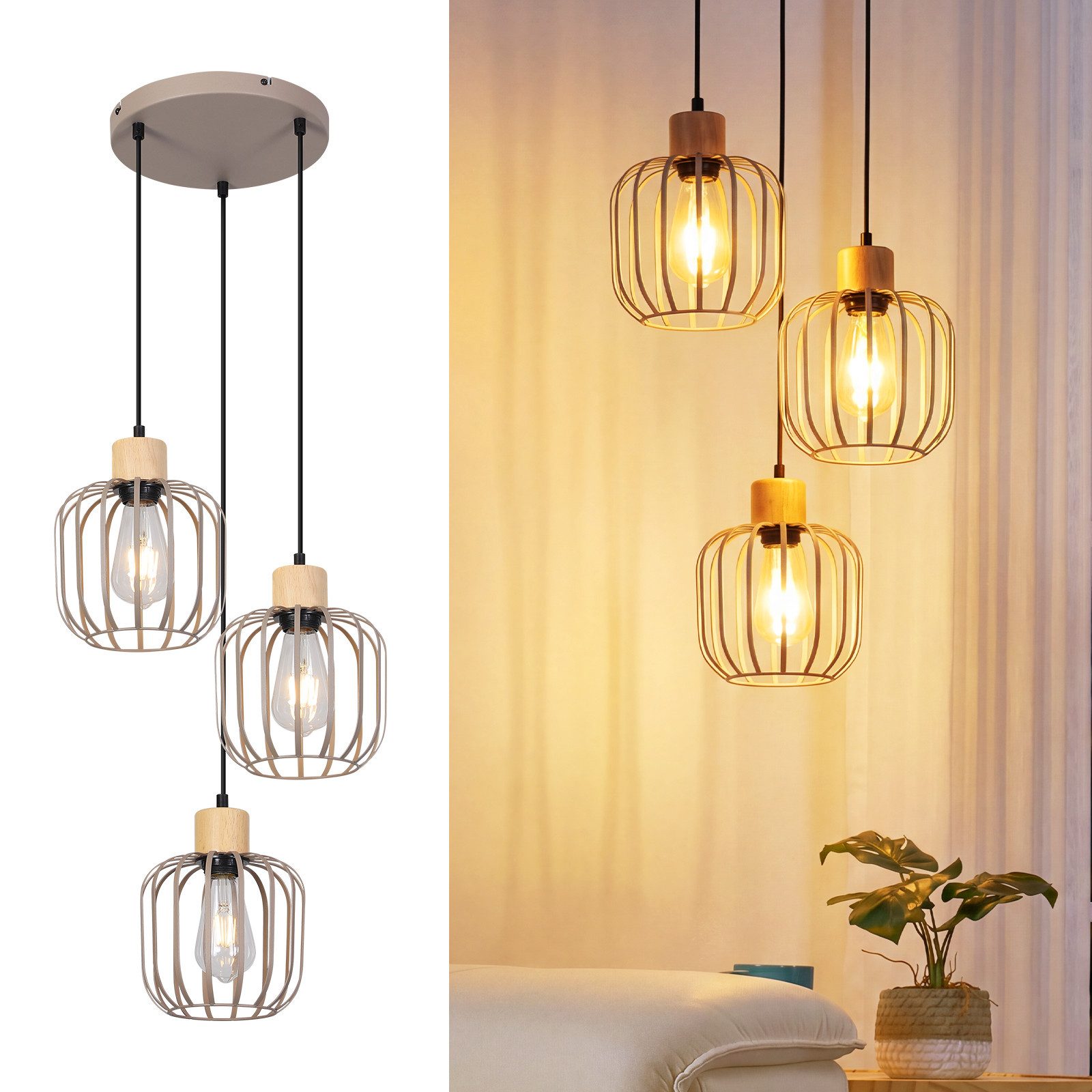 Nettlife Pendelleuchte Weiß/grau 1/3flammig Holz moderne Hängelampe E27 Fassung, ohne Leuchtmittel, für Esstisch Wohnzimmer Küche Flur Kücheninsel