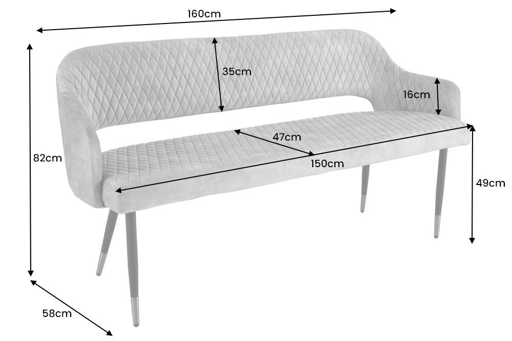 LebensWohnArt Sitzbank Design Sitzbank FRANCE 160cm Armlehnen grau Ziersteppung Samt