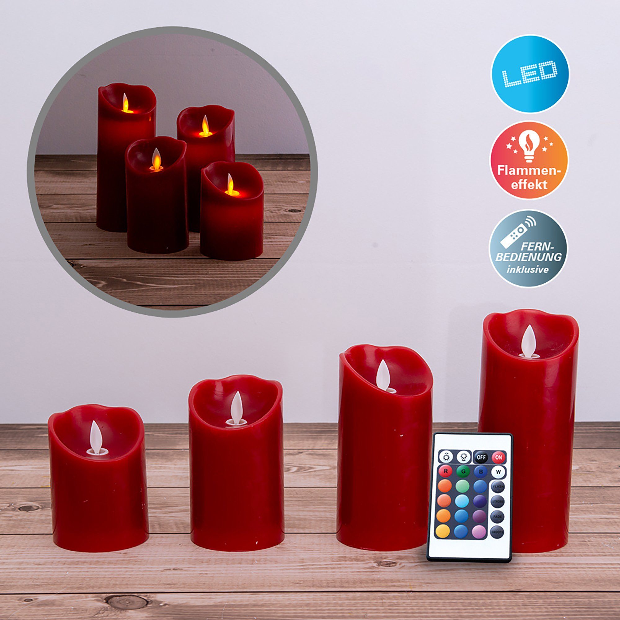 Set dimmbar fest 10cm Helligkeitsstufen, Fernbedienung, Dekolicht dimmbar Timer integriert, mehrere (Höhe LED Warmweiß, 7,5cm rot 17,5cm) 15cm 12,5cm Timerfunktion, 4er Ã˜ über Kerzen, näve