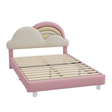 MODFU Kinderbett mit kuscheligem Regenbogenwolken-Kopfteil (Kinderbett, Holzlattenrost 140x200cm), ohne Matratze