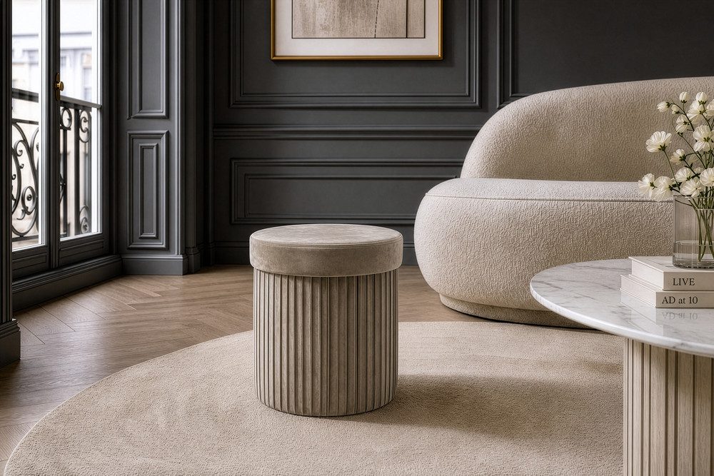 riess-ambiente Polsterhocker ÉLAN 40cm champagner greige - Samt, faltbar, m. Stauraum, platzsparend (Einzelartikel, 1 St), Eleganter Sitzhocker - ideal f. Ankleide, Flur, Wohnzimmer & Garderobe
