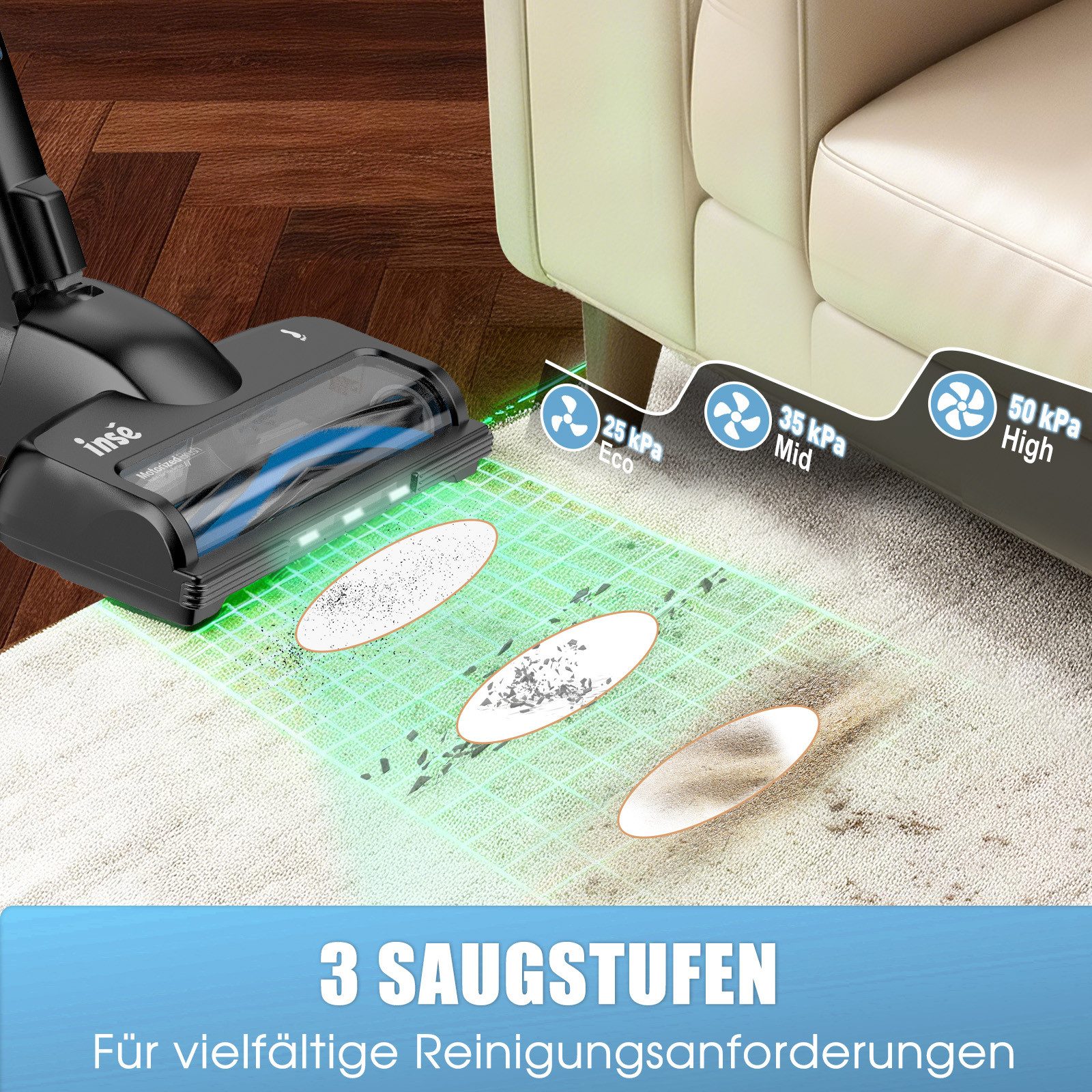 INSE Akku-Hand-und Stielstaubsauger Akku Staubsauger 50000Pa/1.2 L/60 Min, Staubsauger Kabellos, 1,2L Staubbehälter, mit LED Display,3 Saugstufen,Akkusauger, 2500mAh Für Teppich,Tierhaare
