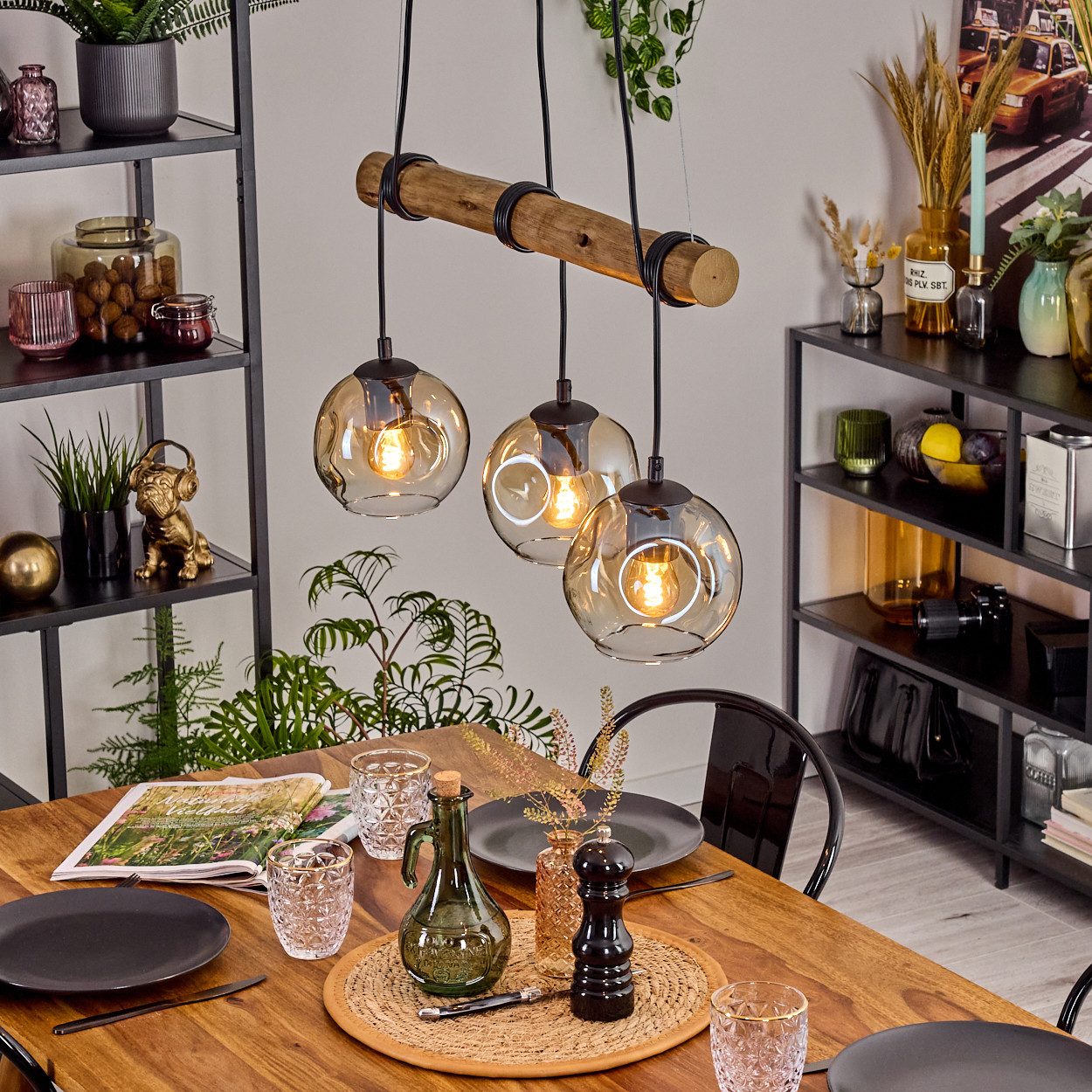 hofstein Pendelleuchte Hängelampe aus Metall/Holz/Glas in günstig online kaufen