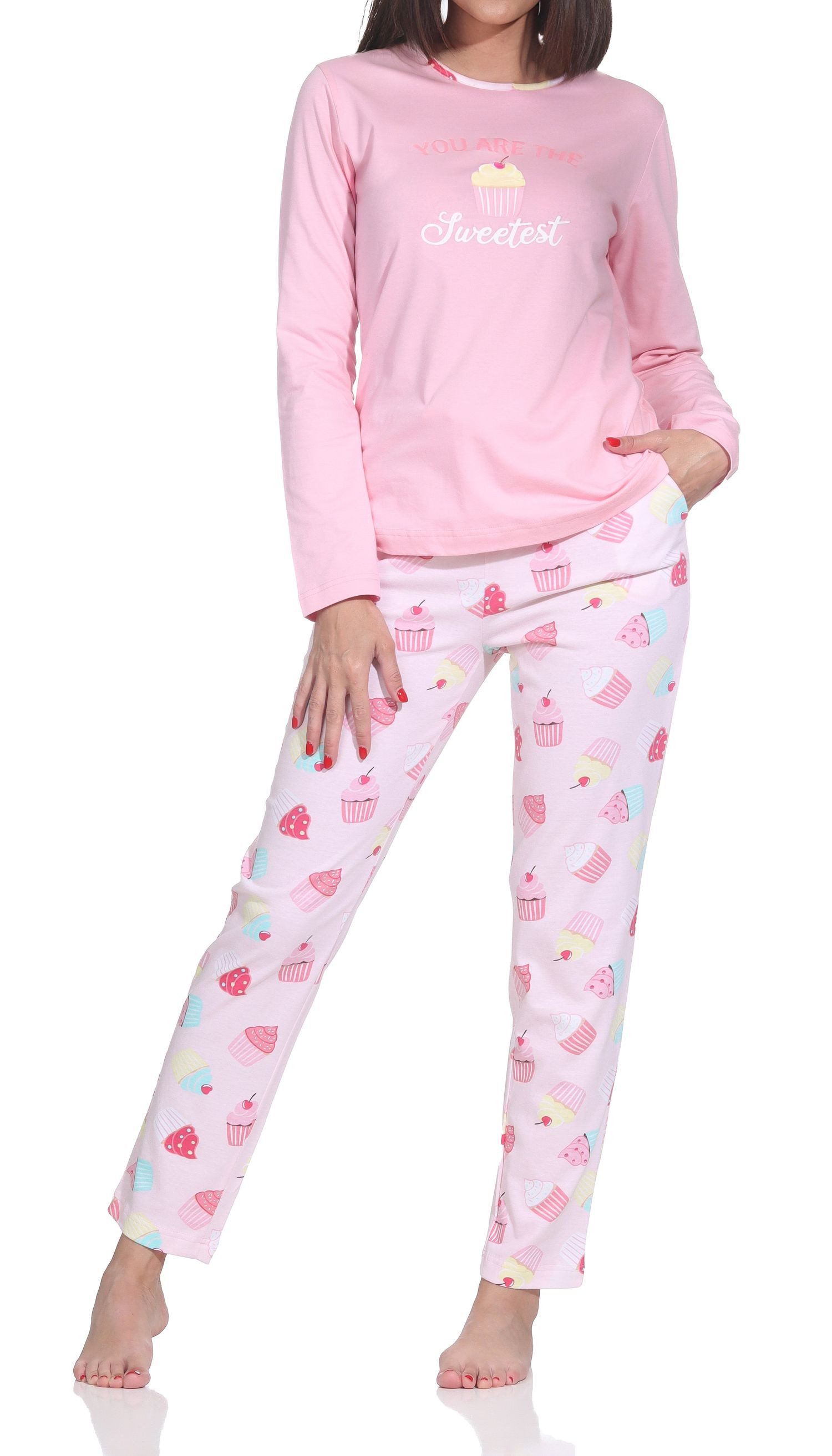 Pyjama Normann Damen Schlafanzug – Süßes Cupcake-Motiv – auch in Übergrößen