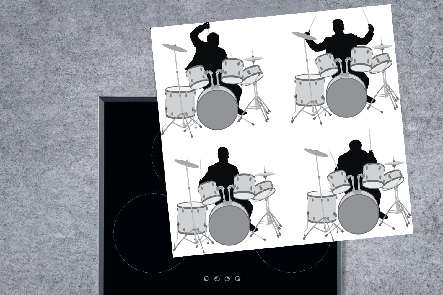 MuchoWow Herdblende-/Abdeckplatte Vier Arbeitsplatte Ceranfeldabdeckung, tlg), hinter Person einem Vinyl, 78x78 Schlagzeug cm, (1 Abbildungen einer Schwarz-Weiß, in für küche