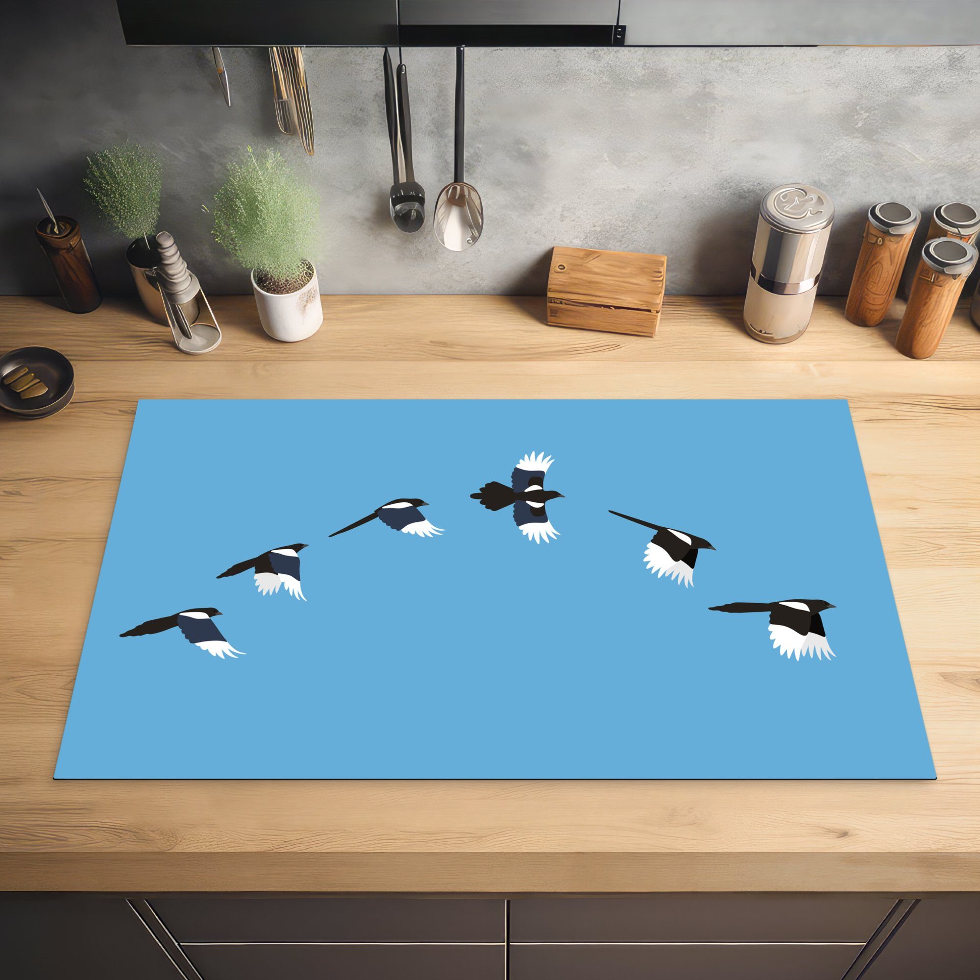 einer küche Arbeitsplatte MuchoWow cm, für 83x51 Elster-Vögeln Illustration Hintergrund, tlg), Vinyl, blauem Ceranfeldabdeckung, auf Gruppe (1 Herdblende-/Abdeckplatte von
