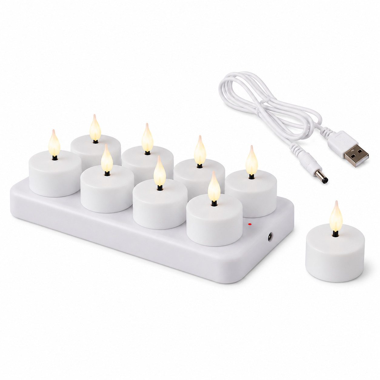 Lumineo LED-Kerze LED Teelichter warmweiß Akku USB Ladestation Timerfunktion 8er, warmweiß, Warmweiß Timerfunktion Akku USB Ladestation flammenlos dekorativ