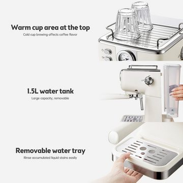 Tidyard Espressomaschine Halbautomatische Cappuccino-Latte-Maschine mit Milchaufschäumer, Filter aus rostfreiem Stahl, 1,5 l abnehmbarem Wassertank/Kaffee-Siebträger/Tamperlöffel