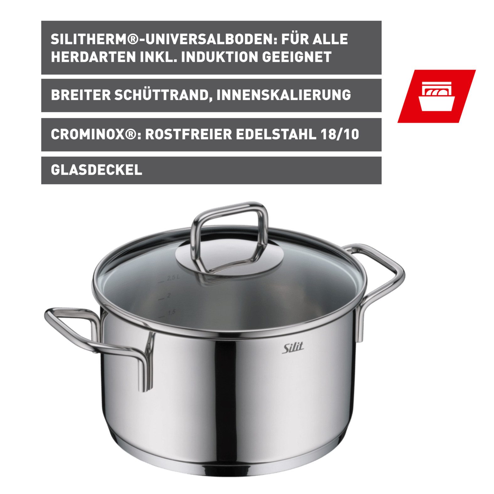 Silit Kochtopf Extra Cook, mit Glasdeckel, Edelstahl 18/10 (2-tlg), SiliTherm Universalboden, induktionsgeeignet, spülmaschinengeeignet