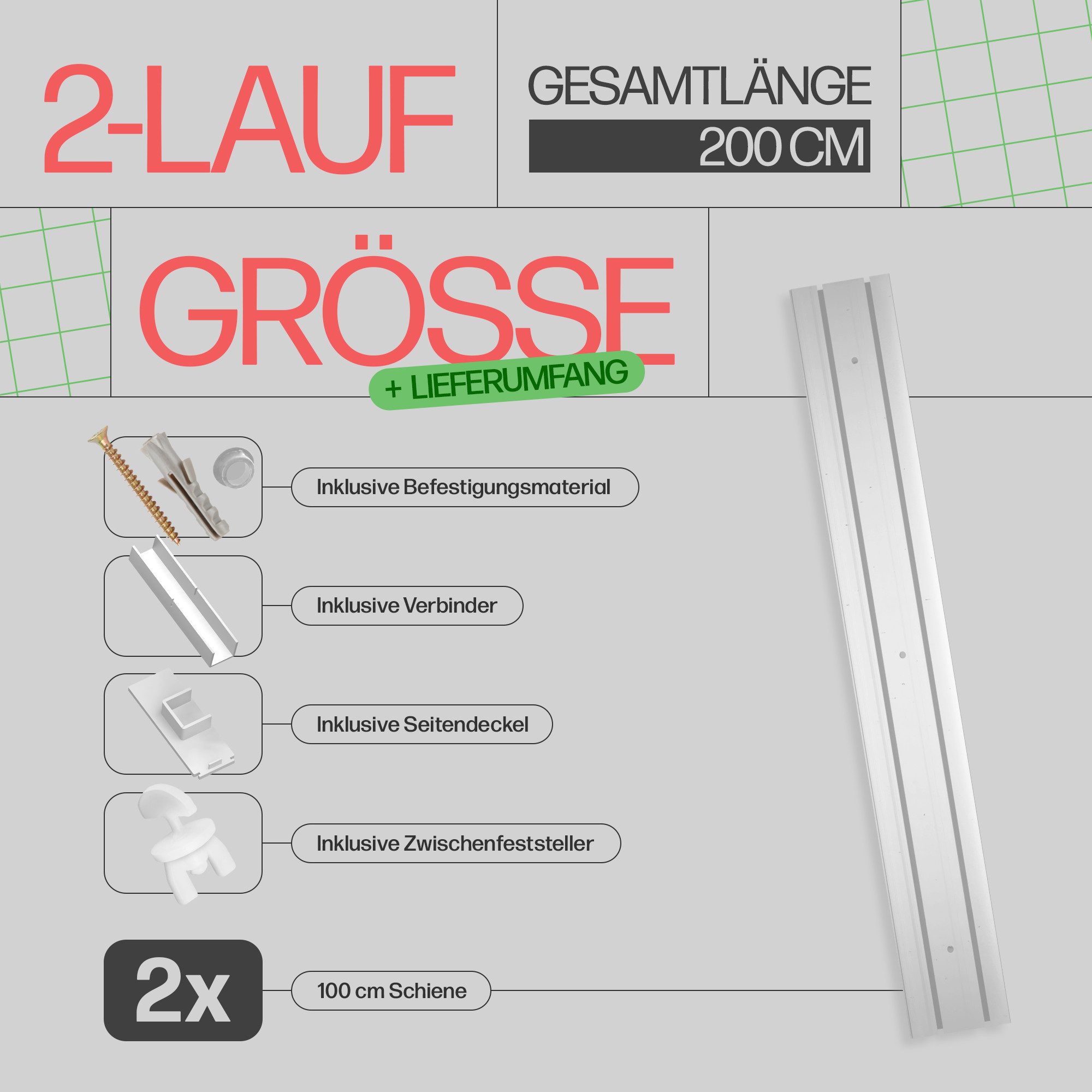 Bestlivings Gardinenschiene Komplettset bis 500cm, 2-läufig, 2x100cm, mit Bohren, verschraubt, Kunststoff, weiß, inkl. Befestigungsset, Zwischenfesteller, Gardinenröllchen