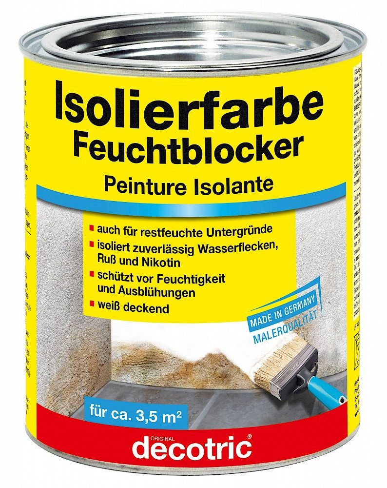 decotric® Isoliergrundierung Isolierfarbe Feuchtblocker Schutz vor Feuchtigkeit zementhaltig, 750 ml, Weiß deckend