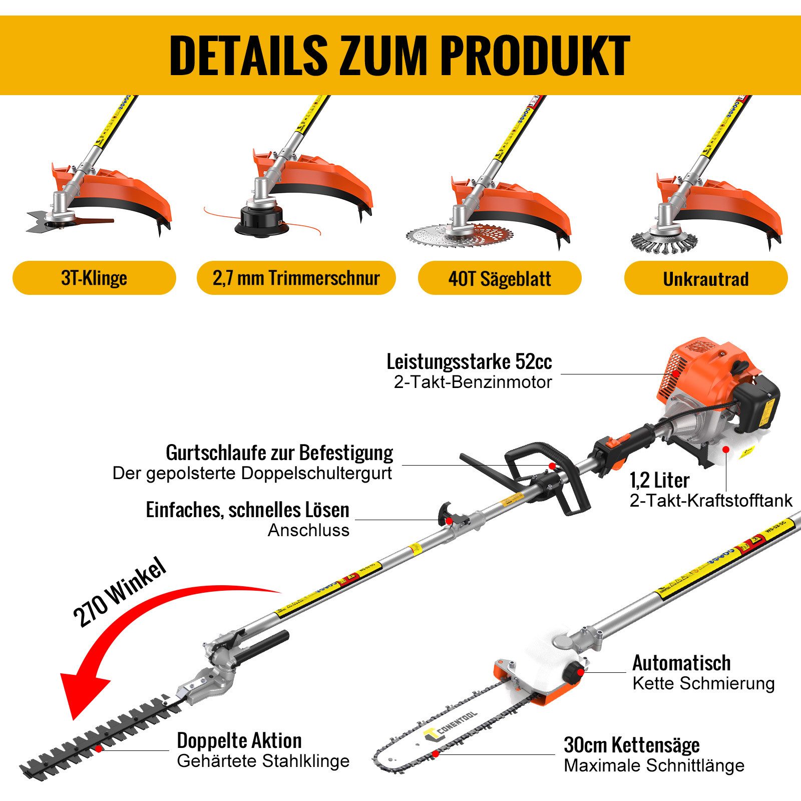 CONENTOOL Benzin-Motorsense 6 in 1 Benzin Rasentrimmer 52cc, 2,5kW, 25.5 cm Arbeitsbreite Messer, 43 cm Arbeitsbreite Faden, Multitool, Rasenmäher, Heckenschere, Motorsäge in einem