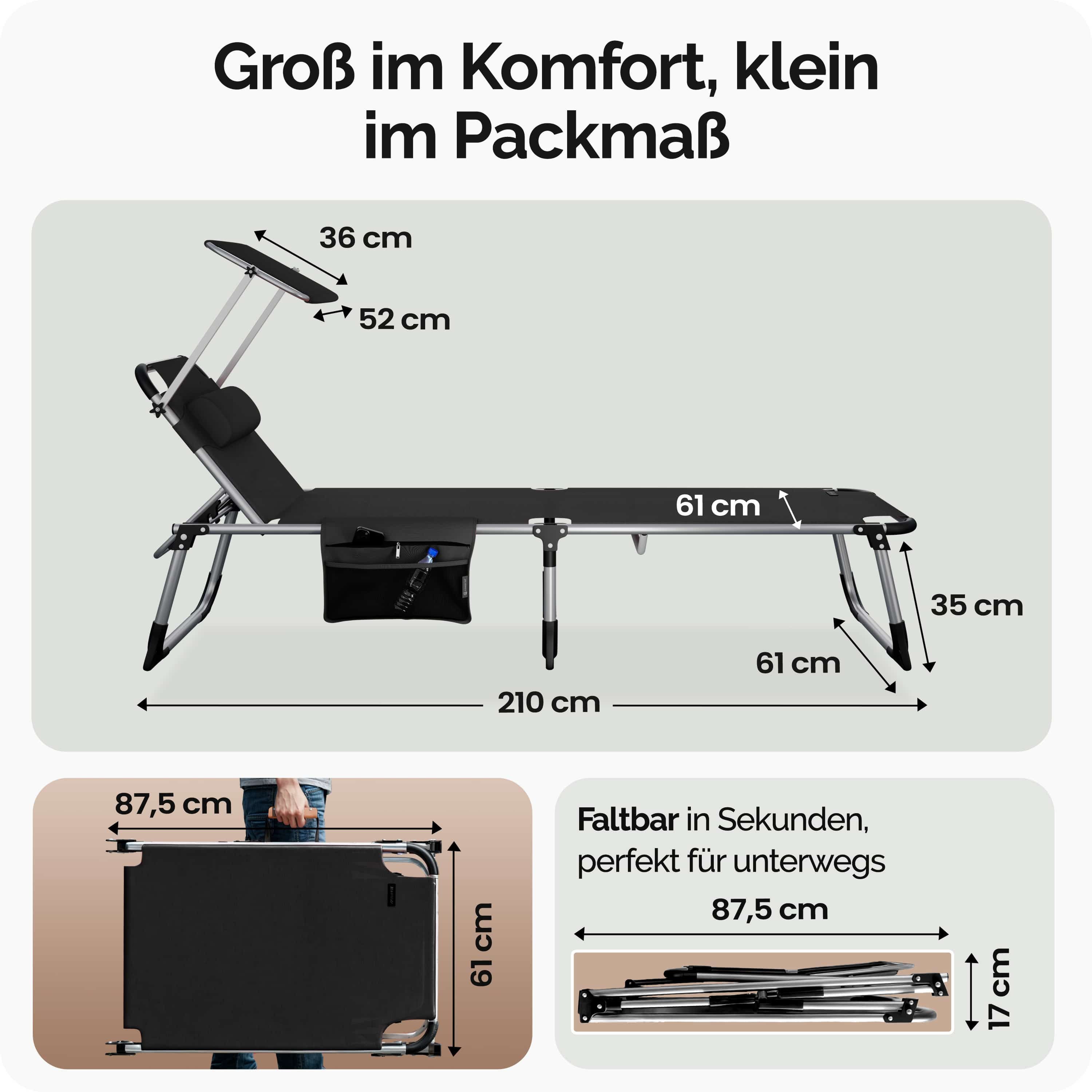 Casaria Gartenliege Malta, Alu Sonnenliege Klappbar mit Dach Liegestuhl Balkon Outdoor Hoch Grau